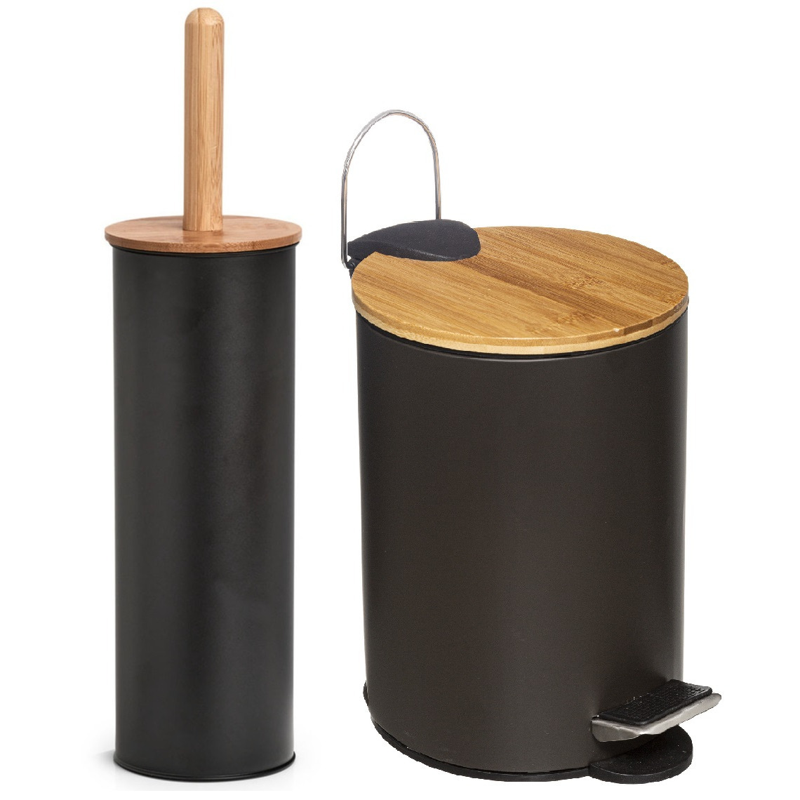 Badkamer-toilet set WC-borstel en pedaalemmer metaal- bamboe hout zwart