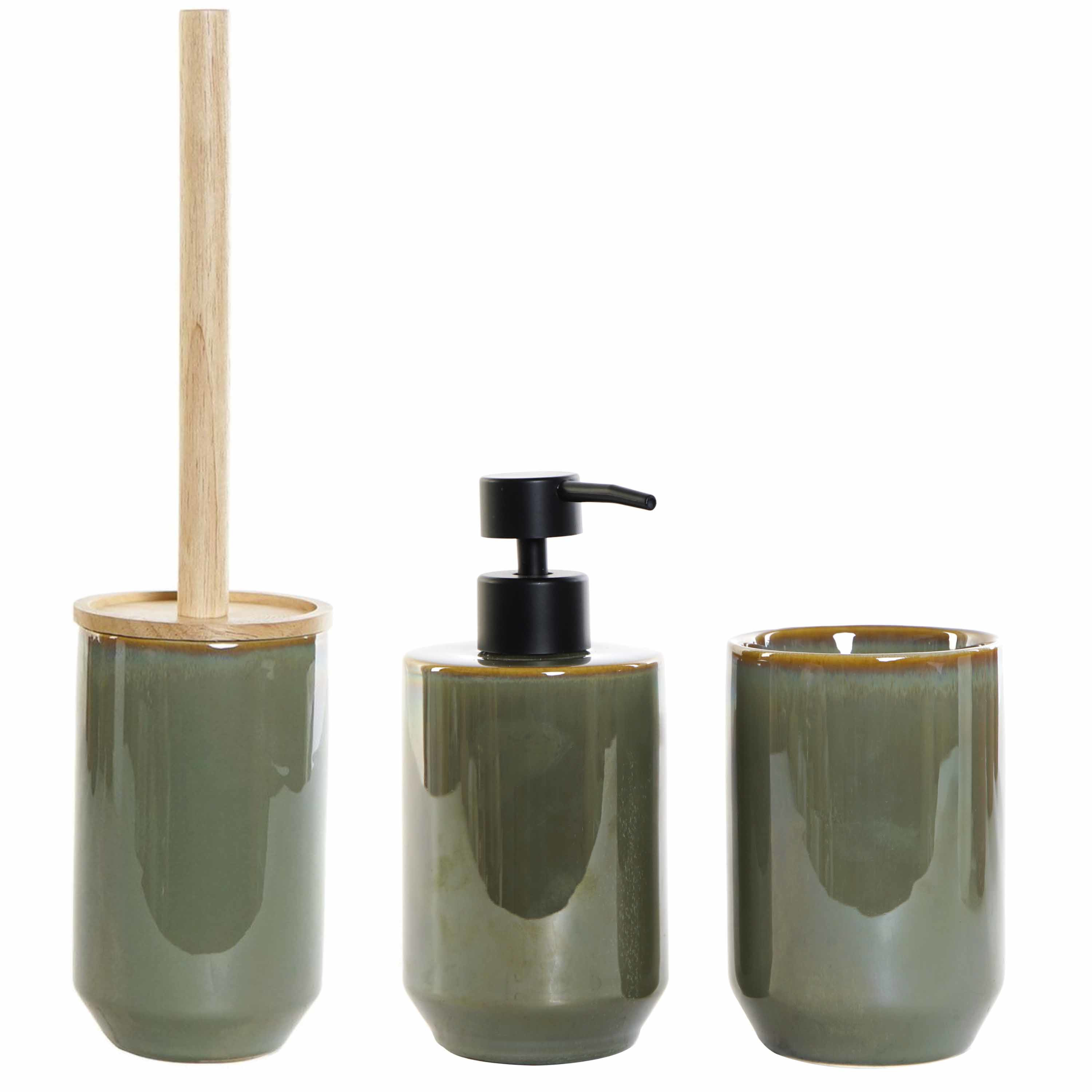 Badkamerset met zeeppompje toiletborstel en tandenborstel beker groen keramiek