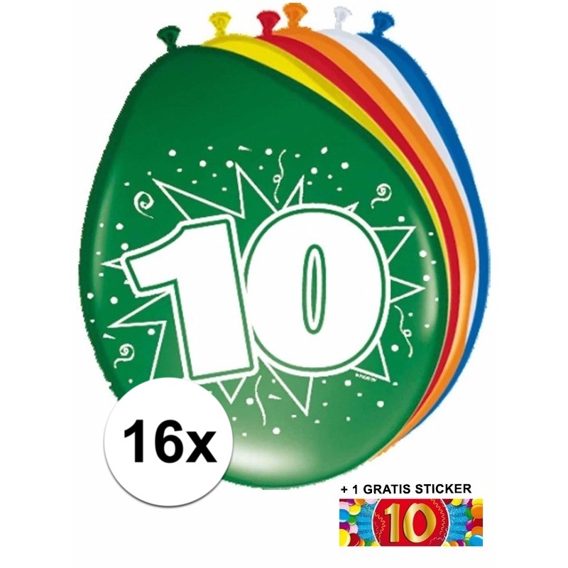 Ballonnen 10 jaar van 30 cm 16 stuks + gratis sticker -