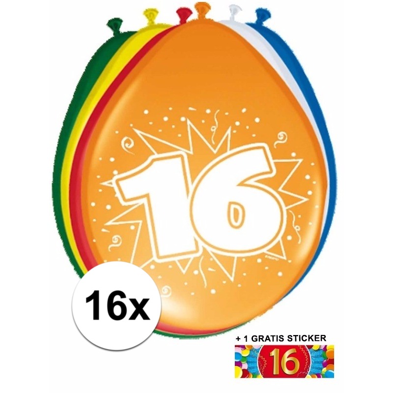 Ballonnen 16 jaar van 30 cm 16 stuks + gratis sticker -