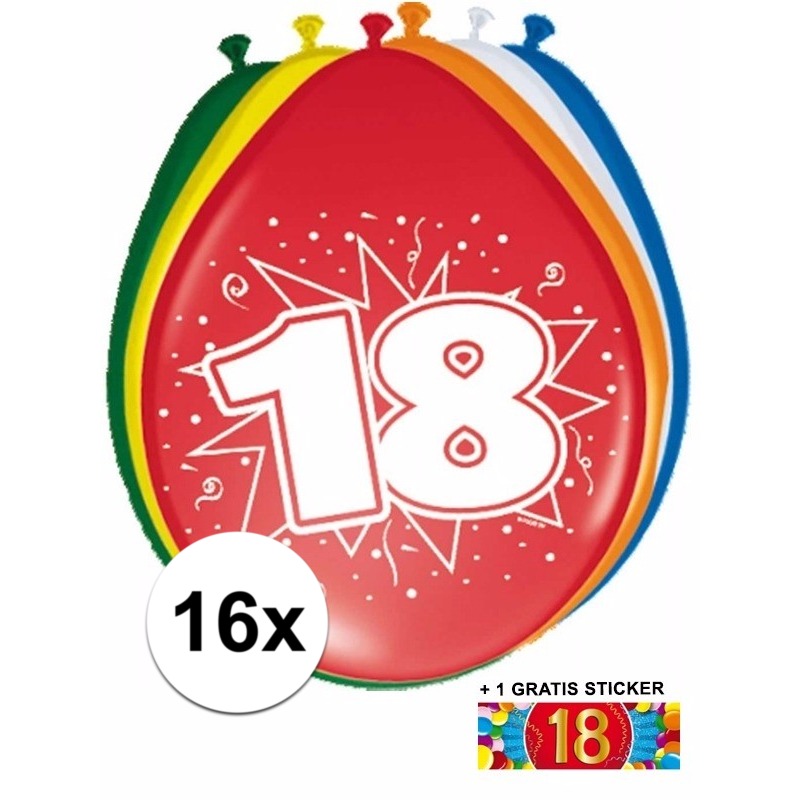 Ballonnen 18 jaar van 30 cm 16 stuks + gratis sticker -