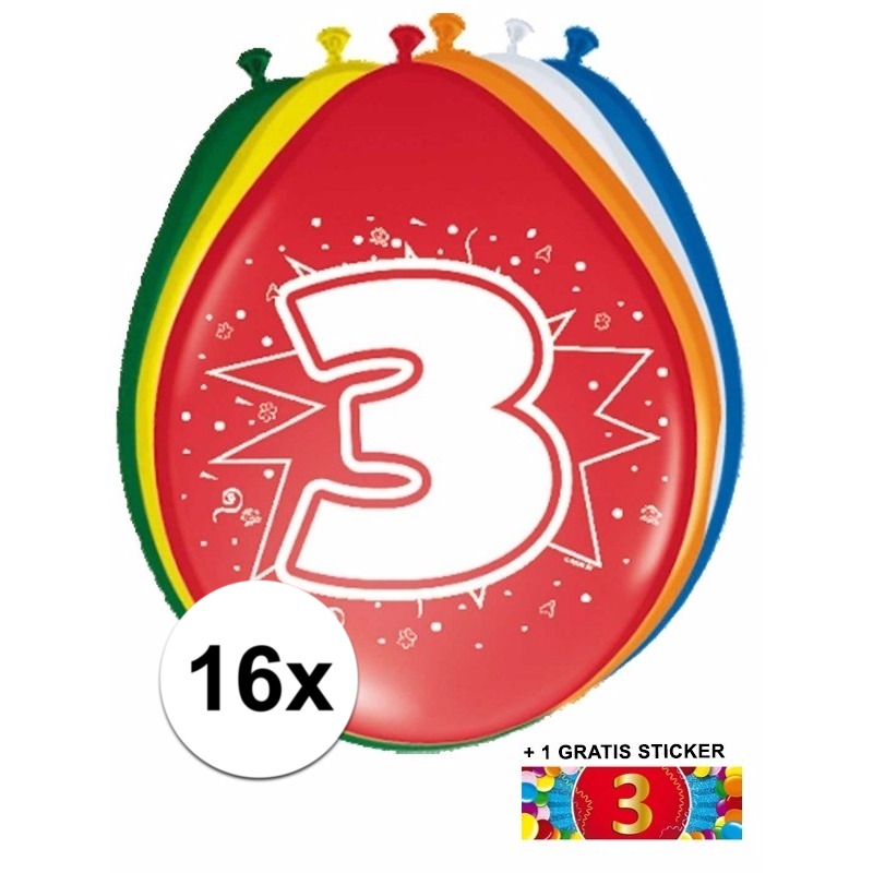 Ballonnen 3 jaar van 30 cm 16 stuks + gratis sticker