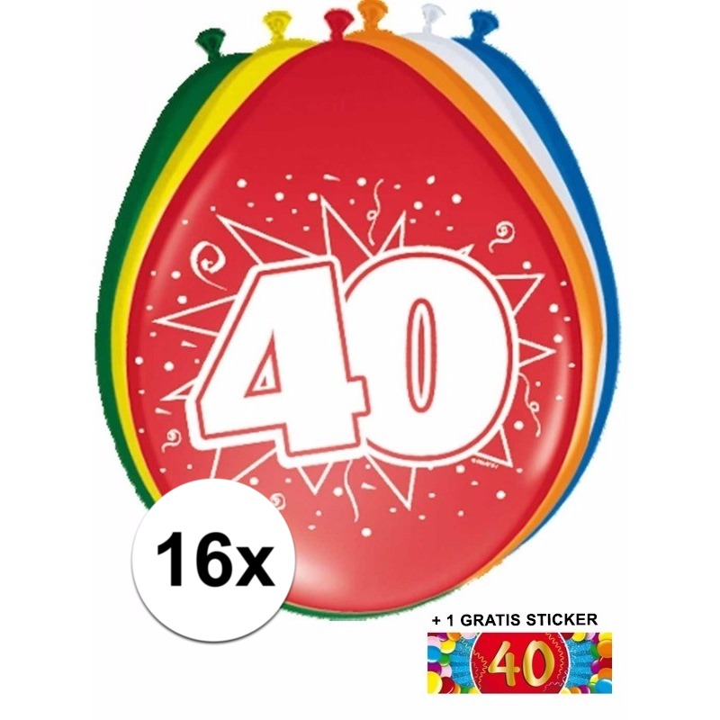 Ballonnen 40 jaar van 30 cm 16 stuks + gratis sticker
