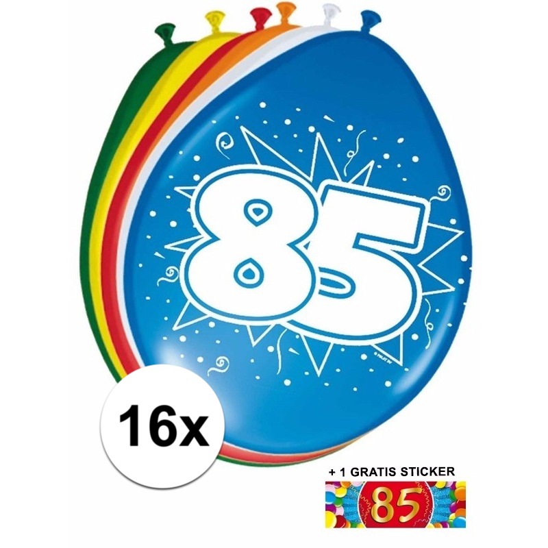 Ballonnen 85 jaar van 30 cm 16 stuks + gratis sticker