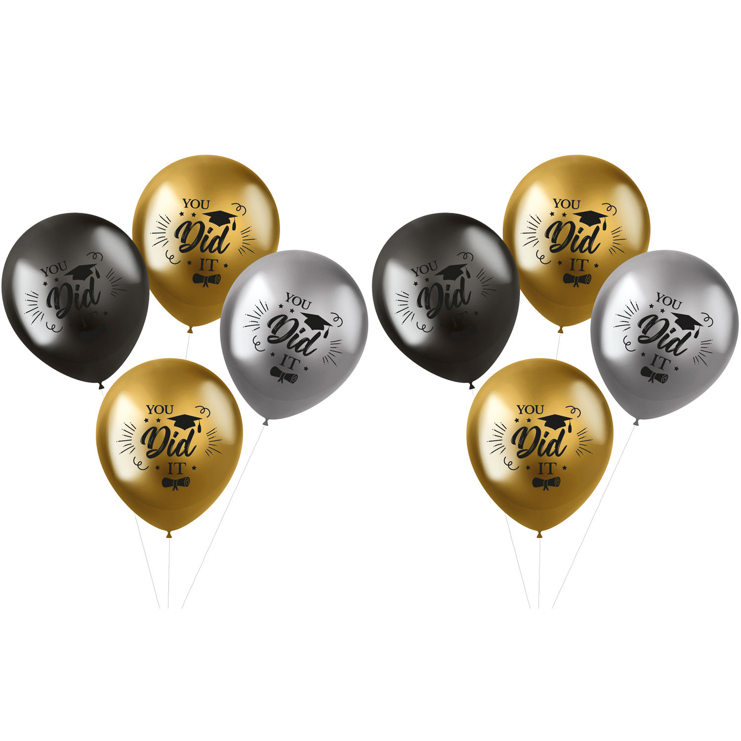 Ballonnen geslaagd thema - 12x - goud/zilver/grijs - latex - 33 cm - diploma examenfeest versiering