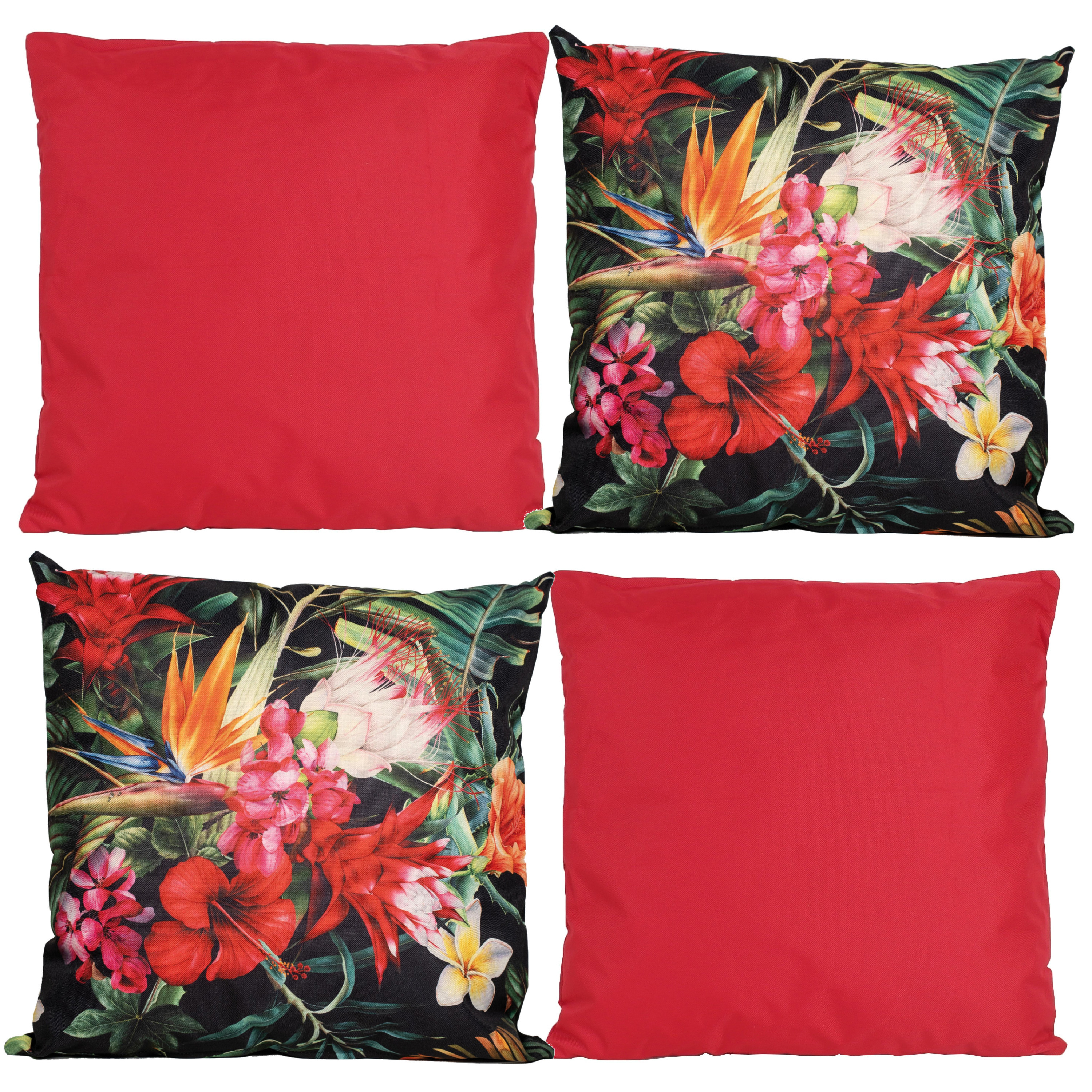 Bank-tuin kussens set binnen-buiten 4x stuks rood-print In een 2 kleuren mix