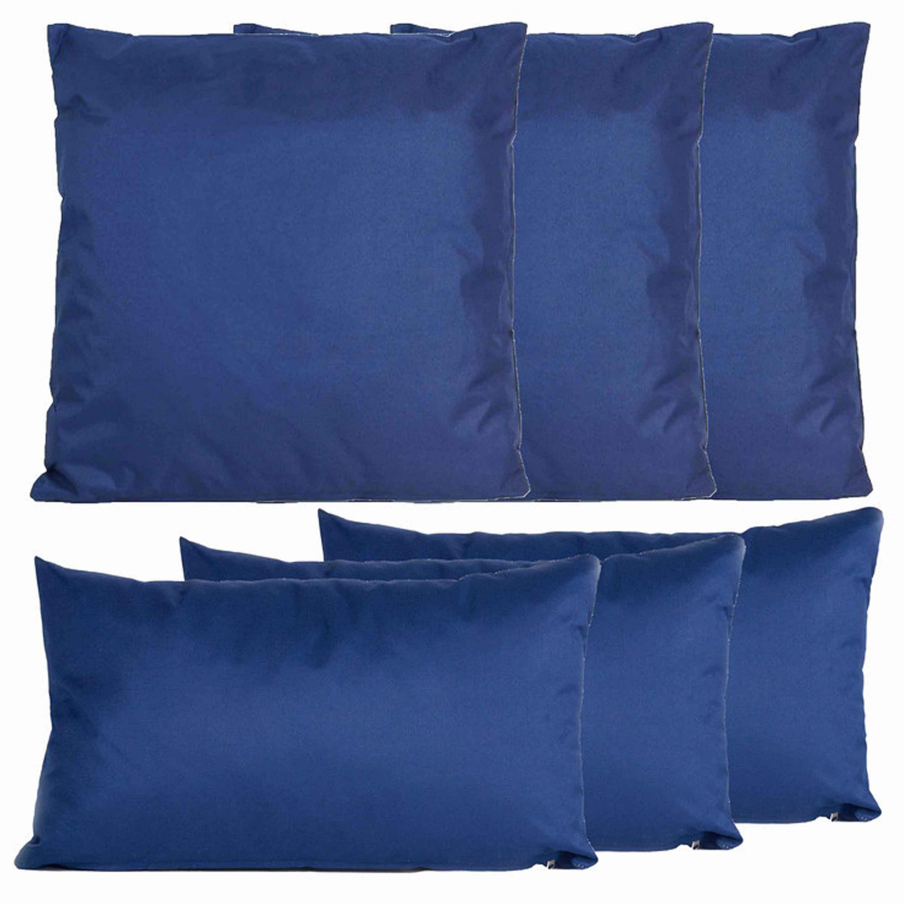 Bank-tuin kussens set binnen-buiten 6x stuks donkerblauw In 2 formaten laag-hoog