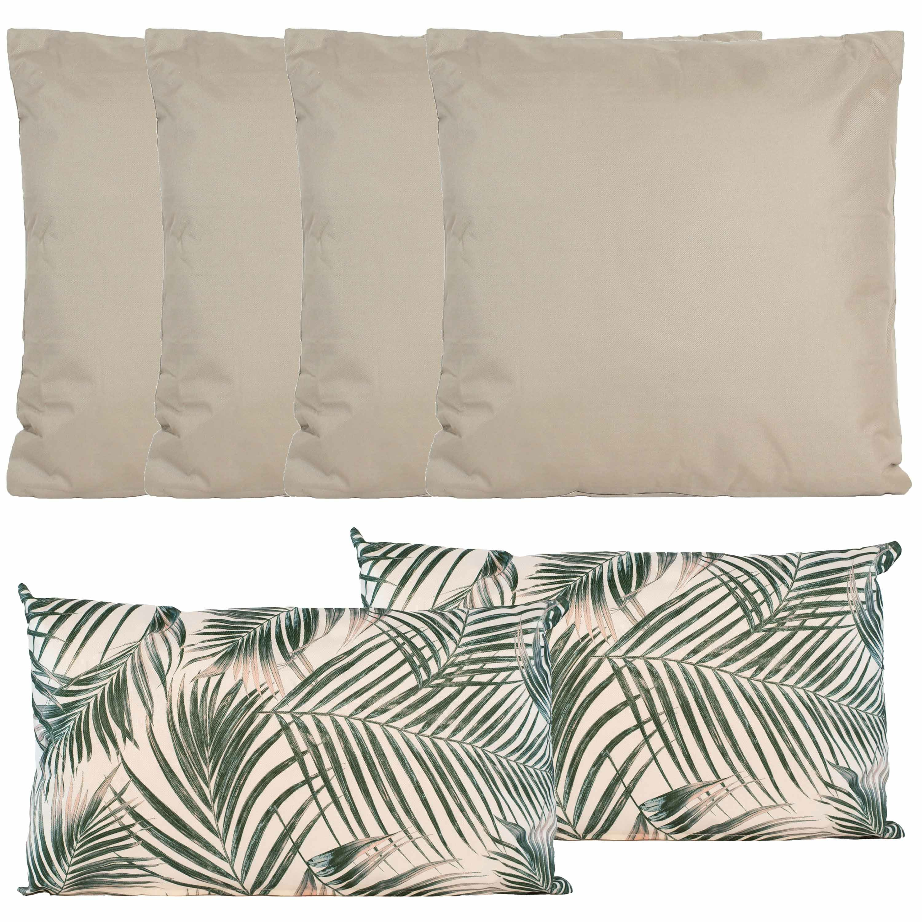 Bank-tuin kussens set binnen-buiten 6x stuks taupe-palm print In 2 formaten laag-hoog