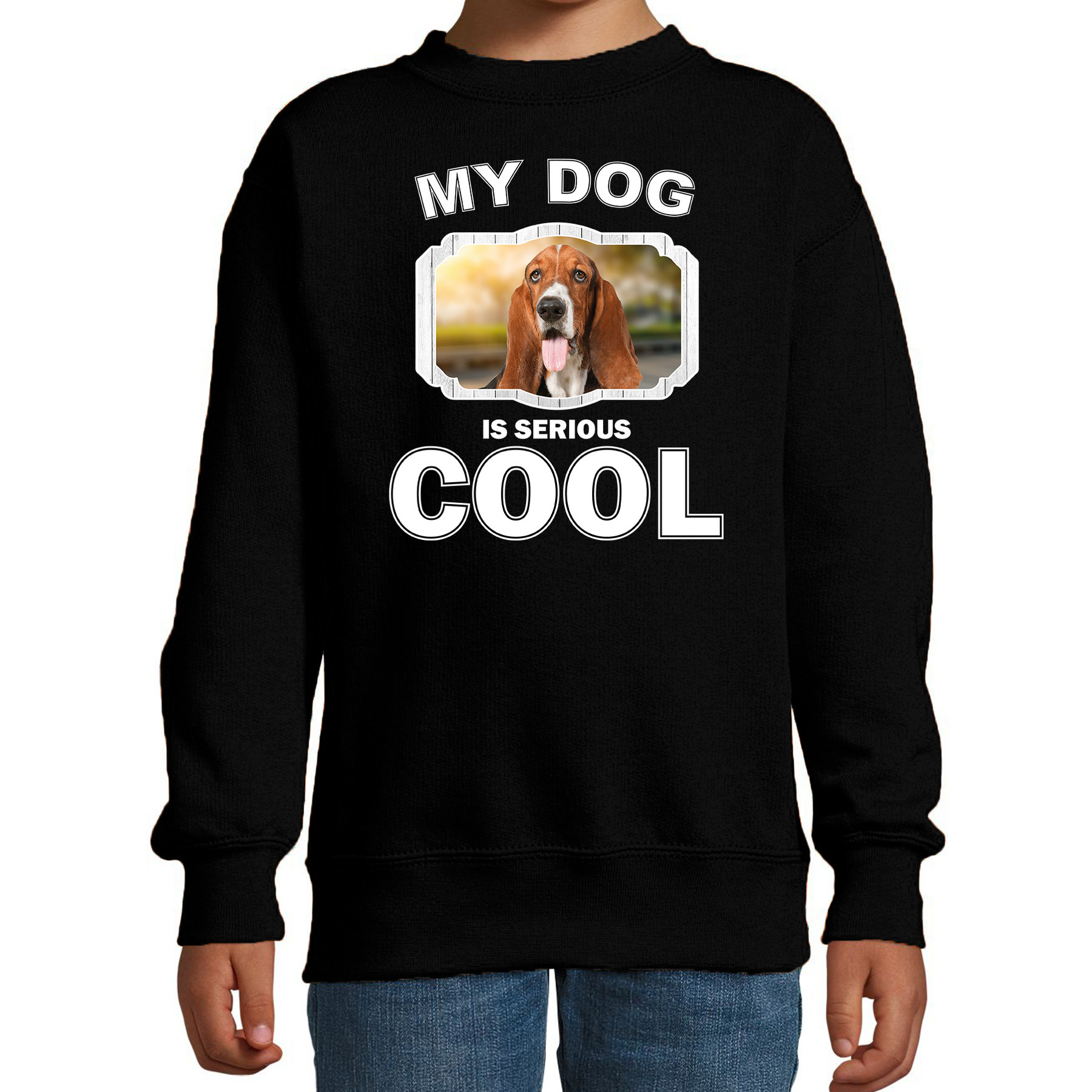 Basset honden trui-sweater my dog is serious cool zwart voor kinderen