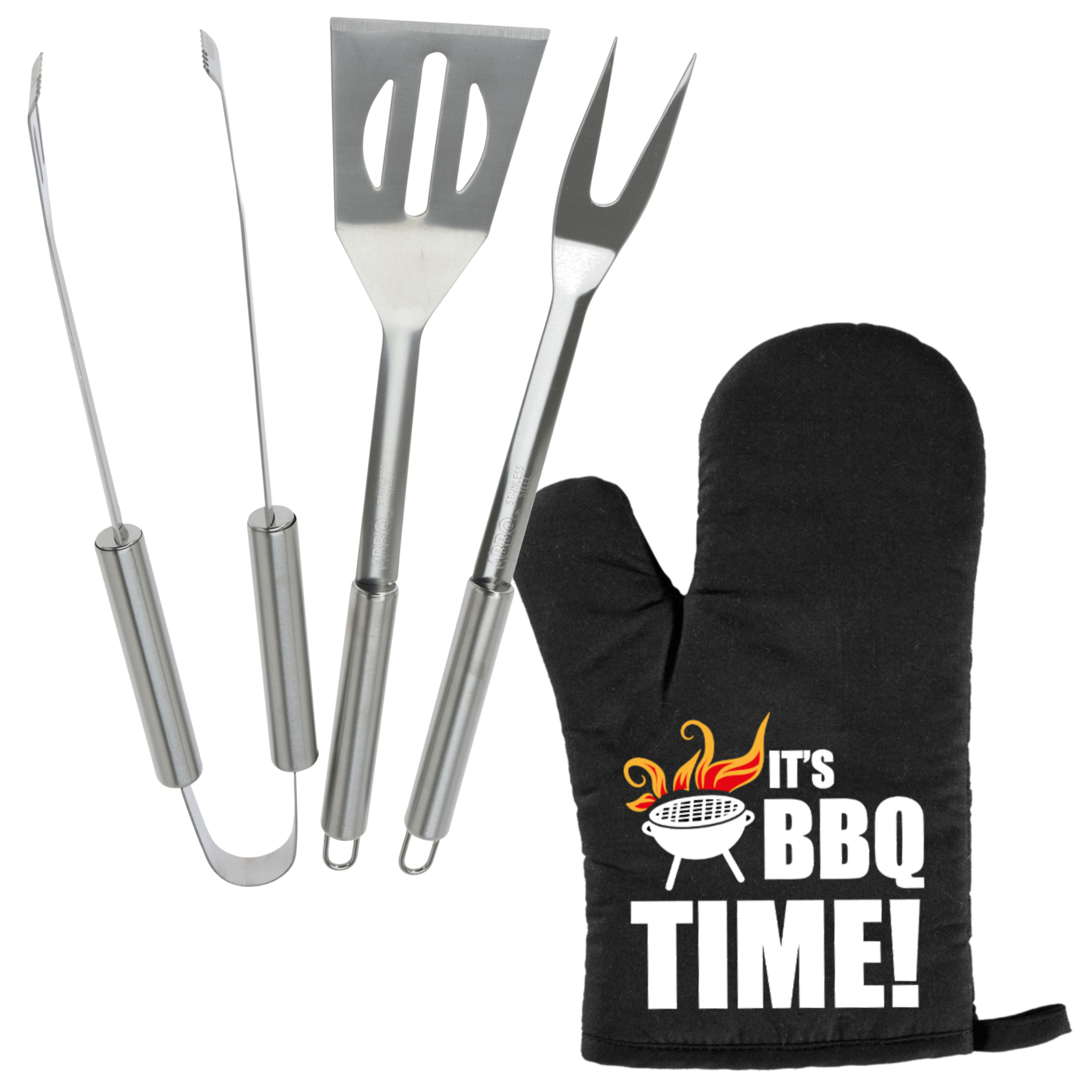 BBQ/barbecue gereedschap set 3-delig RVS - Met BBQ handschoen It's BBQ Time! - Papa/ Vaderdag cadeau