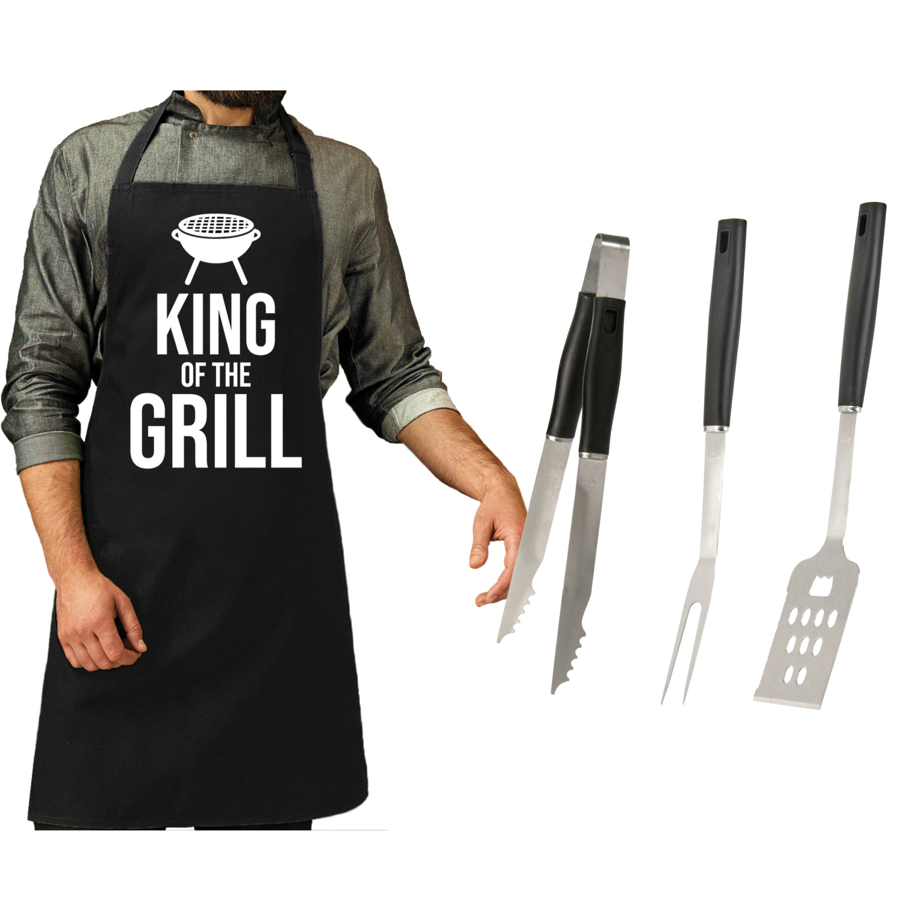 BBQ-barbecue gereedschap set 3-delig RVS met zwart schort King of the grill