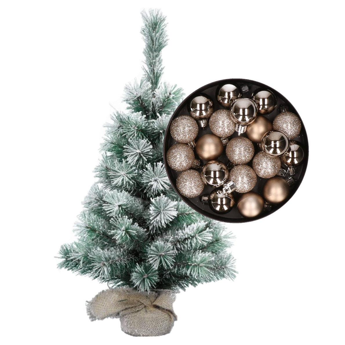 Besneeuwde mini kerstboom-kunst kerstboom 35 cm met kerstballen champagne
