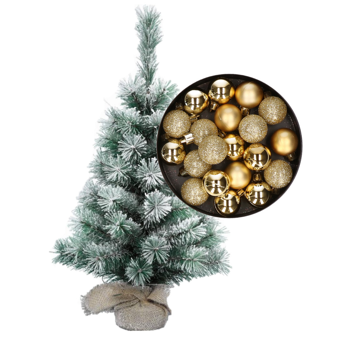 Besneeuwde mini kerstboom-kunst kerstboom 35 cm met kerstballen goud