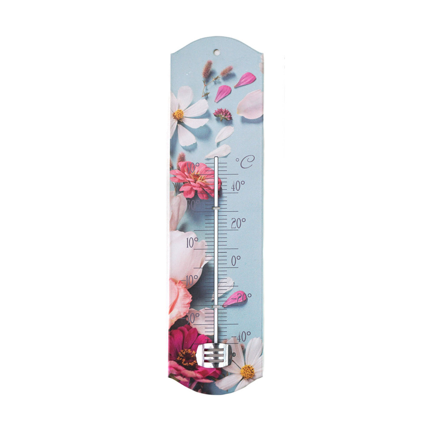 Alma garden Binnen/buiten thermometer met lentebloemen print - blauw/roze - metaal - 29 x 6.5 cm -