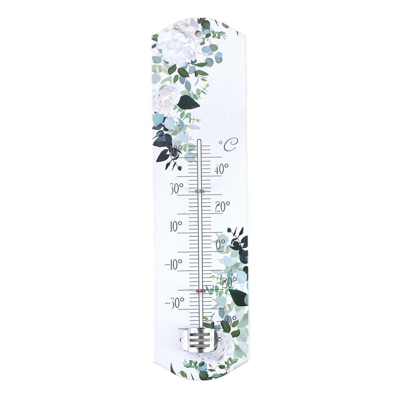 Binnen-buiten thermometer met lentebloemen print wit metaal 29 x 6.5 cm