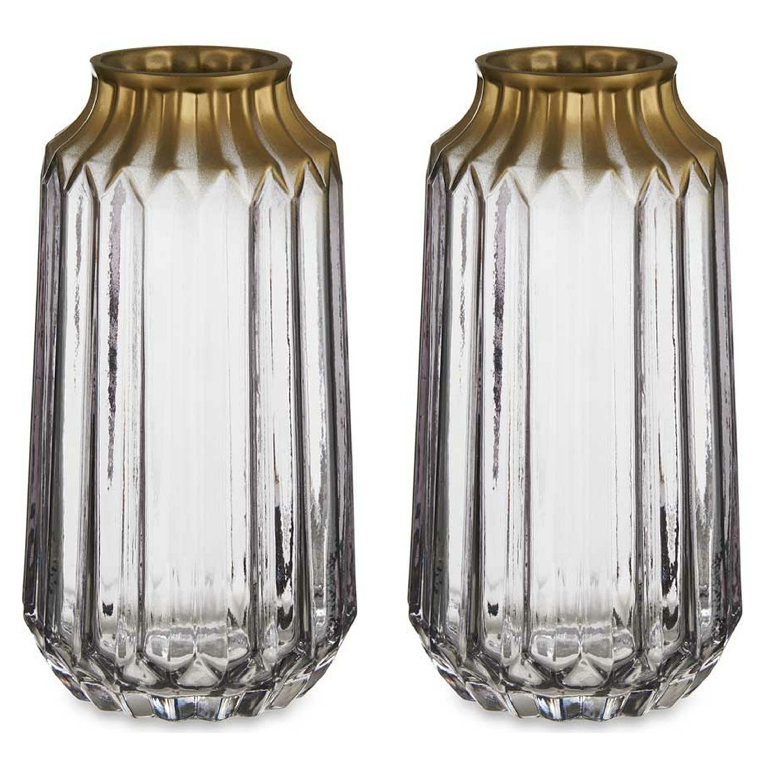 Giftdecor - Bloemenvazen 2x stuks - Glas - grijs transparant/goud - 13 x 23 cm