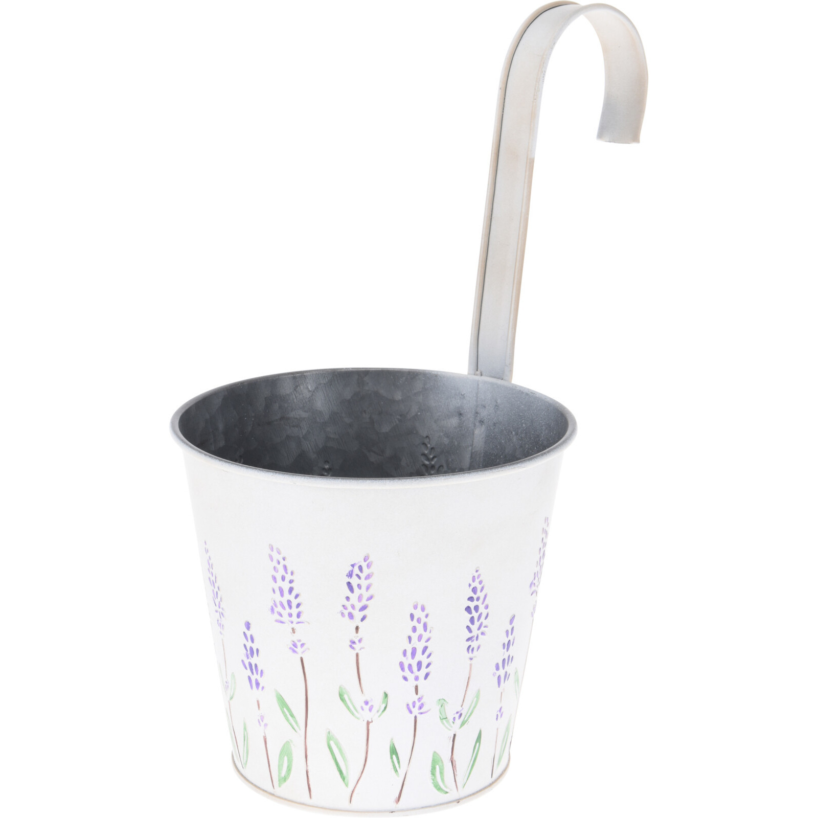 Bloempot-plantenbak zink met ophanghaak creme wit met lavendel 14 x 13 x 26 cm