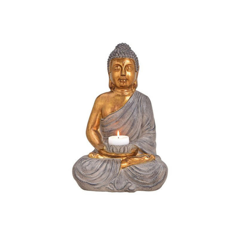 Boeddha beeld theelichthouders-windlichten bruin-goud 41 cm