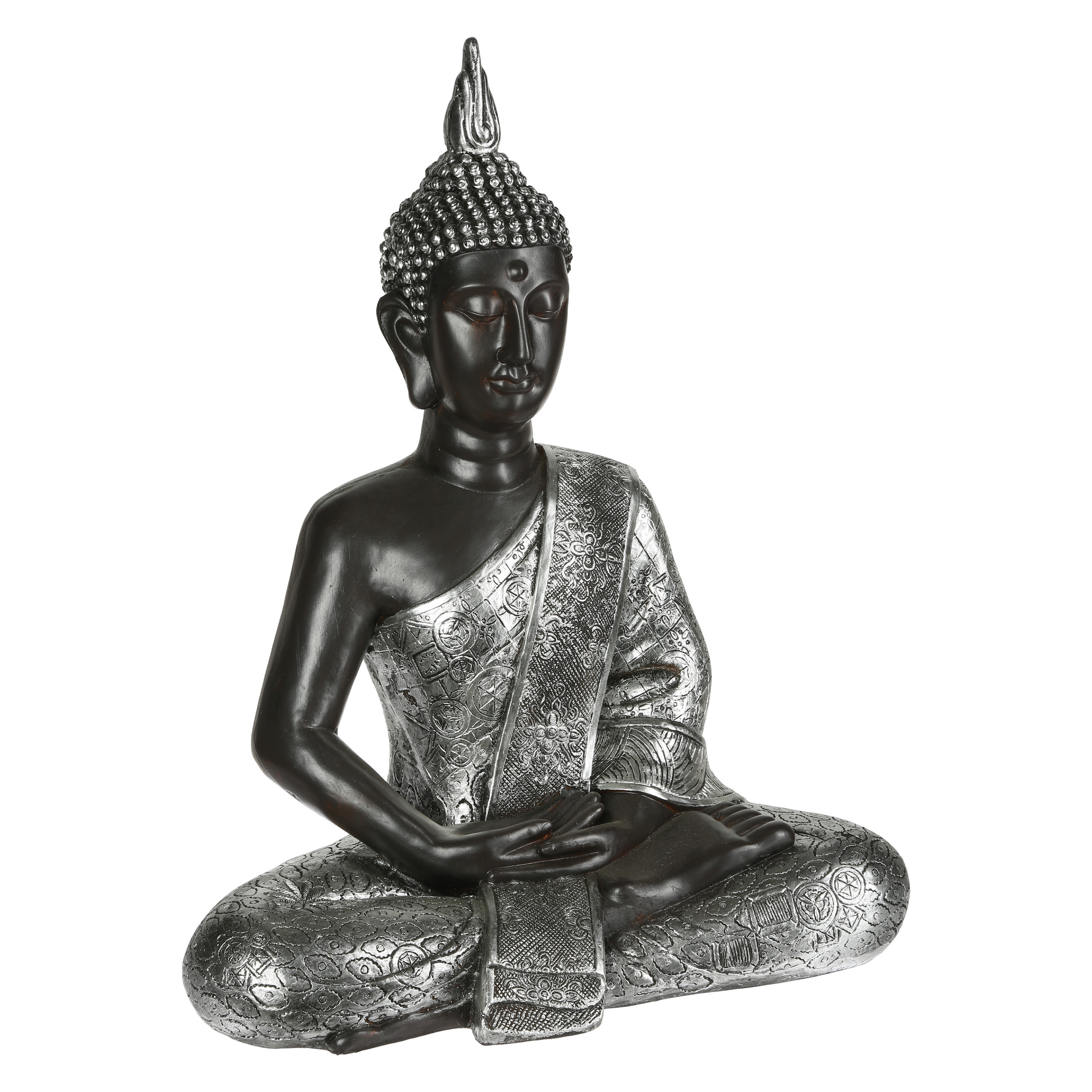 Atmosphera Boeddha beeld zittend - binnen/buiten - polyresin - zilver/zwart - 63 cm -