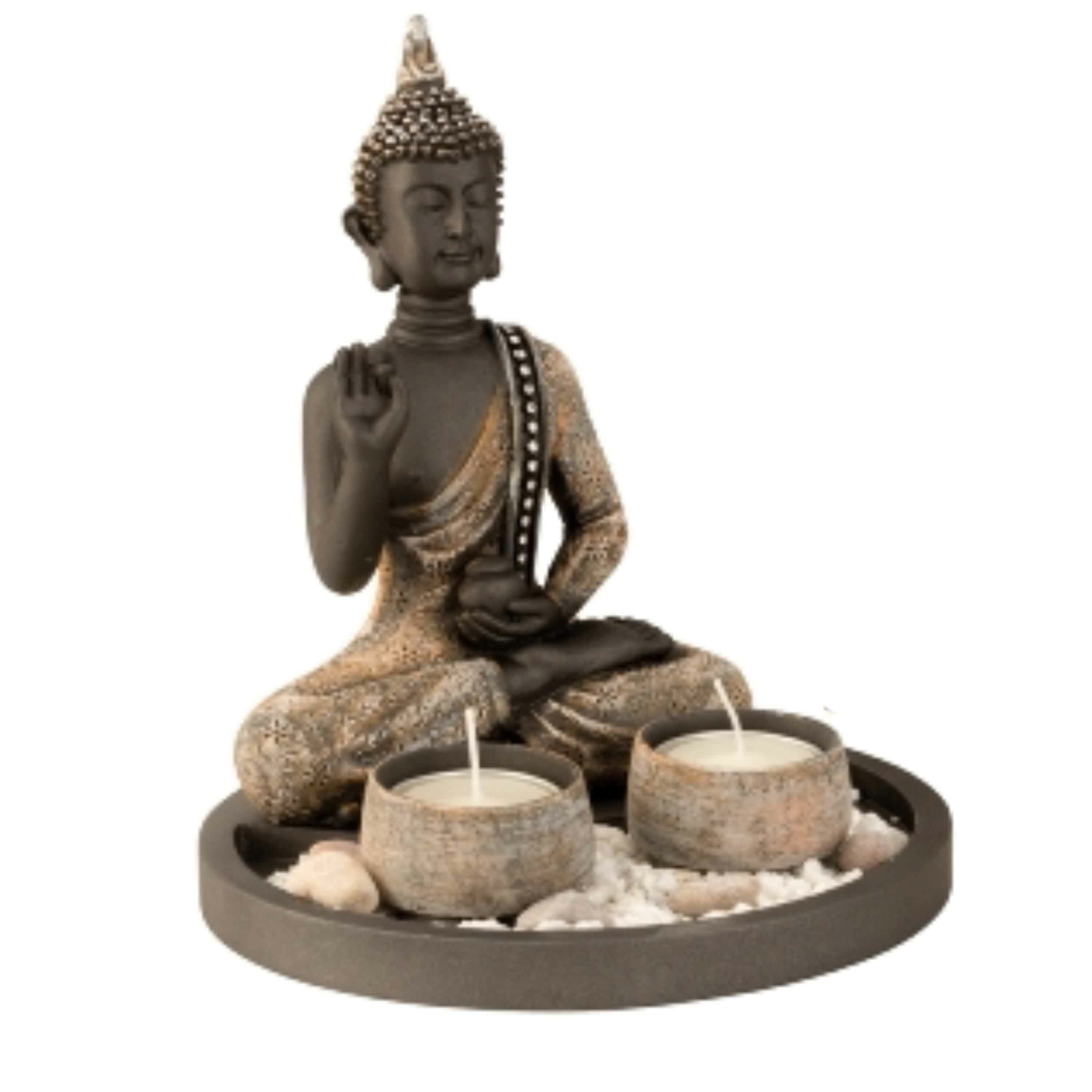 Merkloos Boeddha beeldje met 2 kaarshouders op schaal - kunststeen - goud/grijs - 18 x 21 cm - deco artikel -