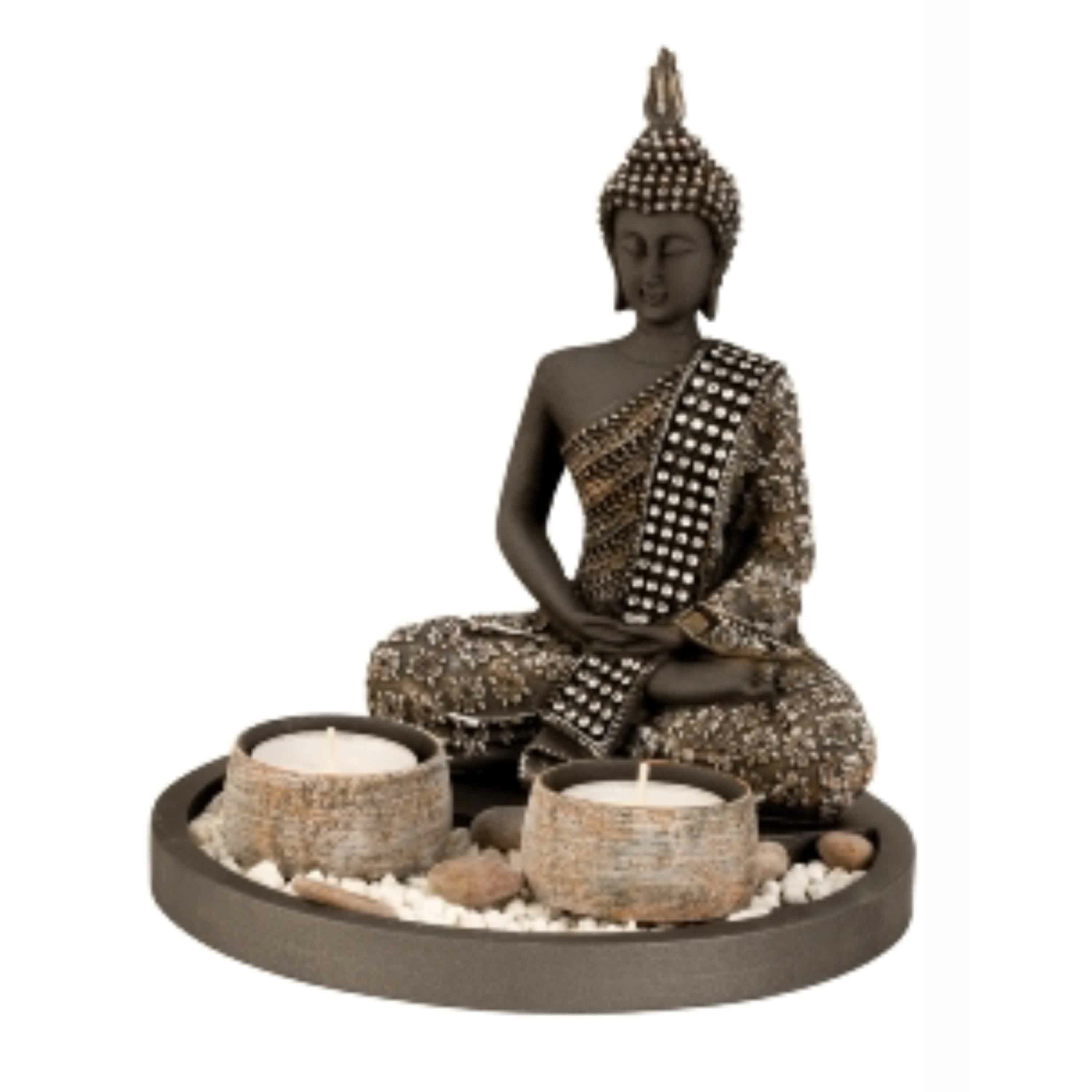Merkloos Boeddha beeldje met 2 kaarshouders op schaal - kunststeen - goud/zwart - 18 x 21 cm - deco artikel -