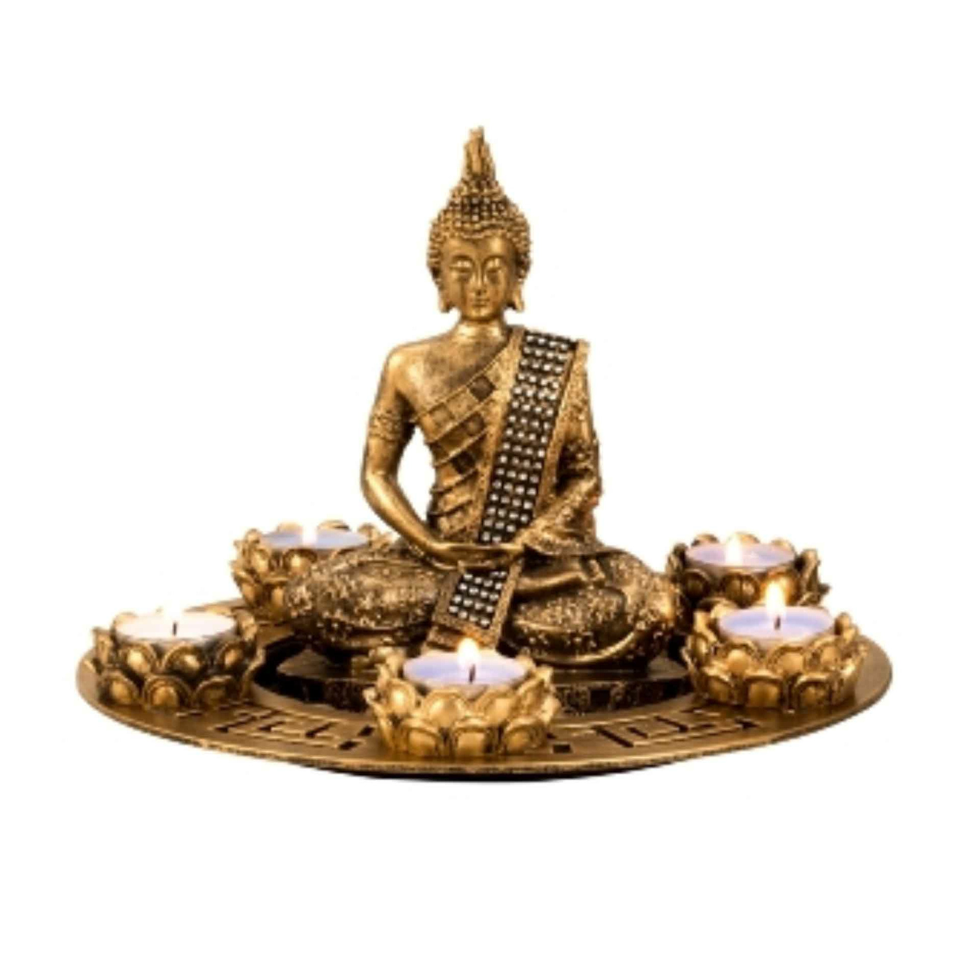 Merkloos Boeddha beeldje met 5 kaarshouders op schaal - kunststeen - goud - 27 x 20 cm - deco artikel -
