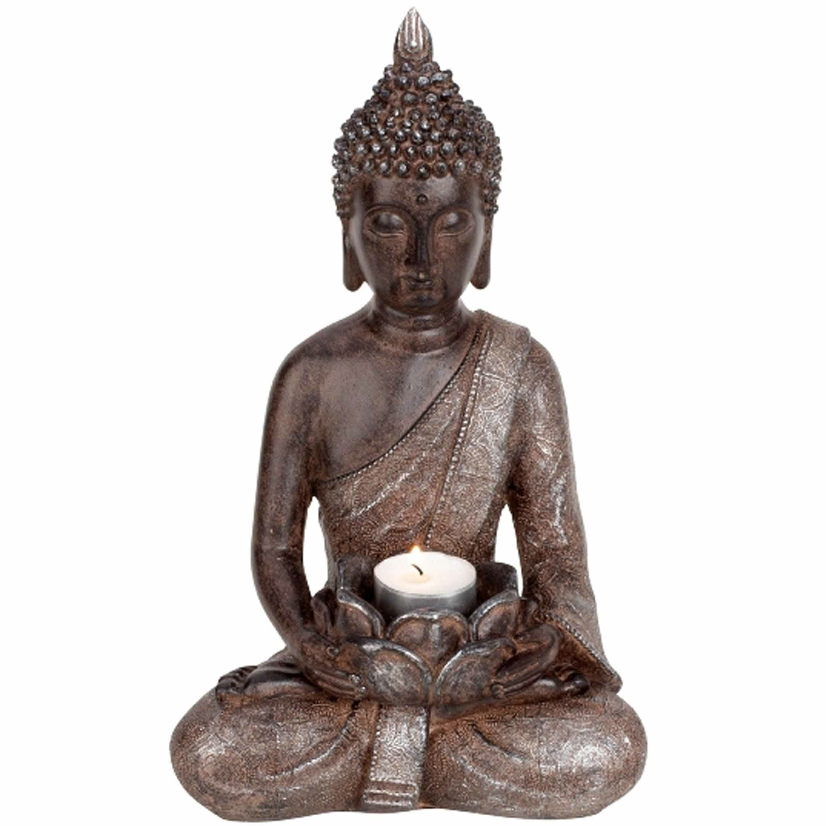 Boeddha beeldje met theelichthouder - binnen/buiten - kunststeen - antiek bruin - 30 x 18 cm -