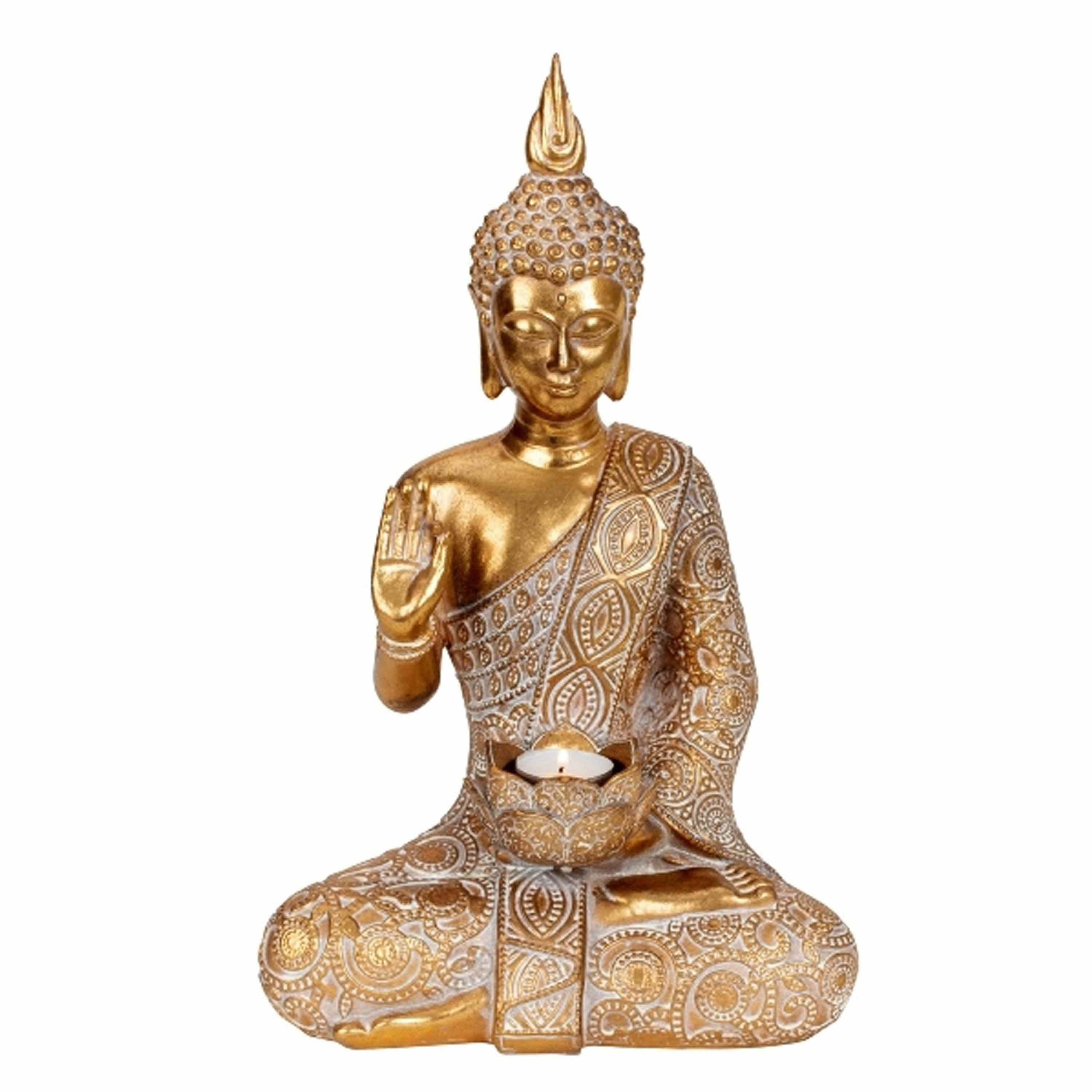 Boeddha beeldje met theelichthouder binnen-buiten kunststeen goud 38 x 23 cm