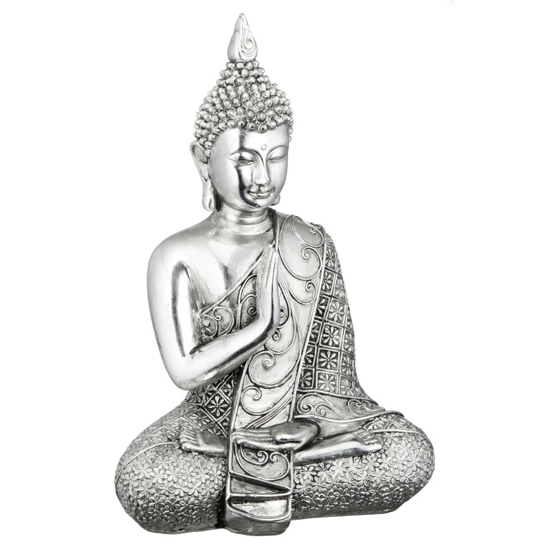Cepewa Boeddha beeldje - poyresin - glimmend zilver - 17 cm - voor binnen/buiten -
