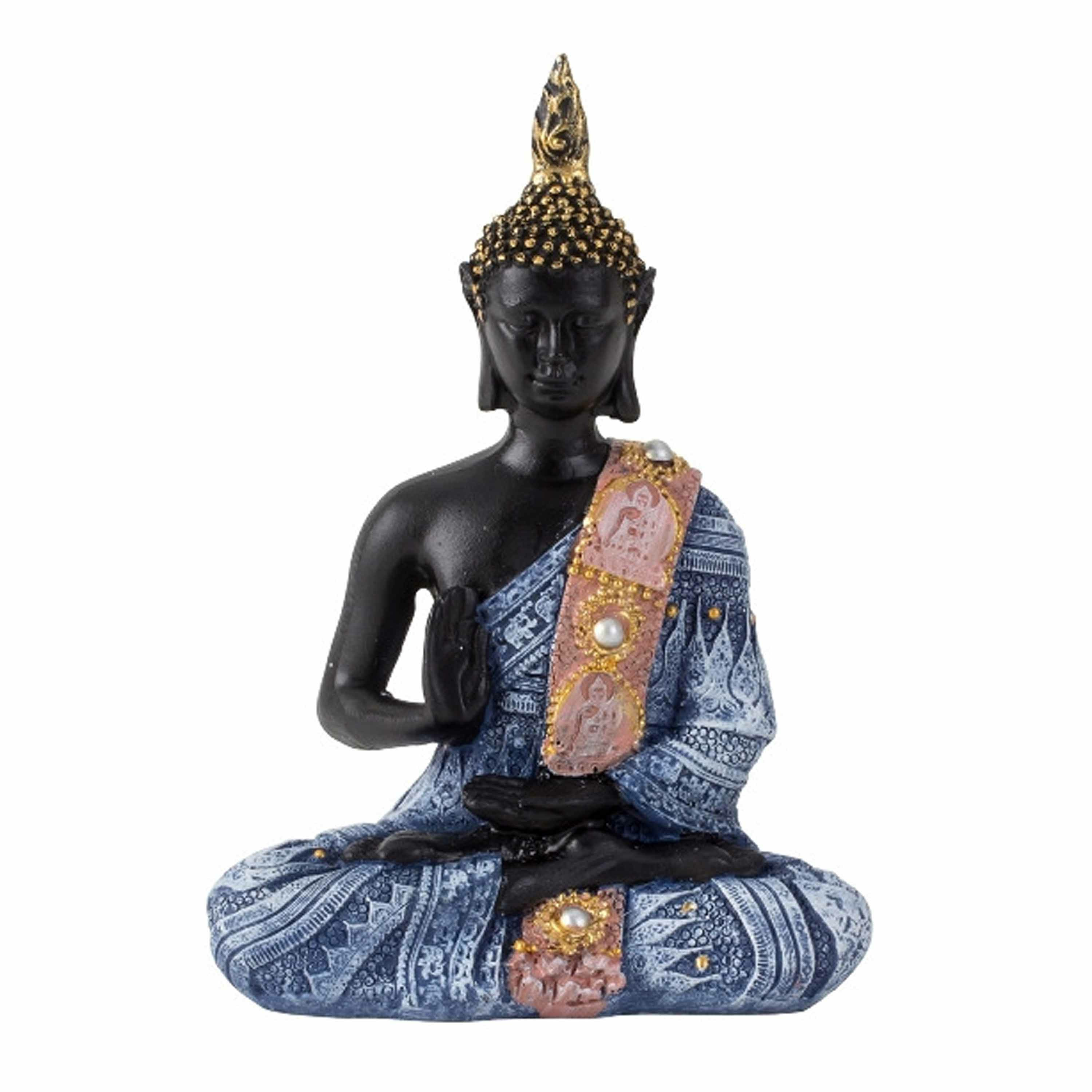 Boeddha beeldje zittend - binnen/buiten - kunststeen - zwart/blauw - 15 x 10 cm -