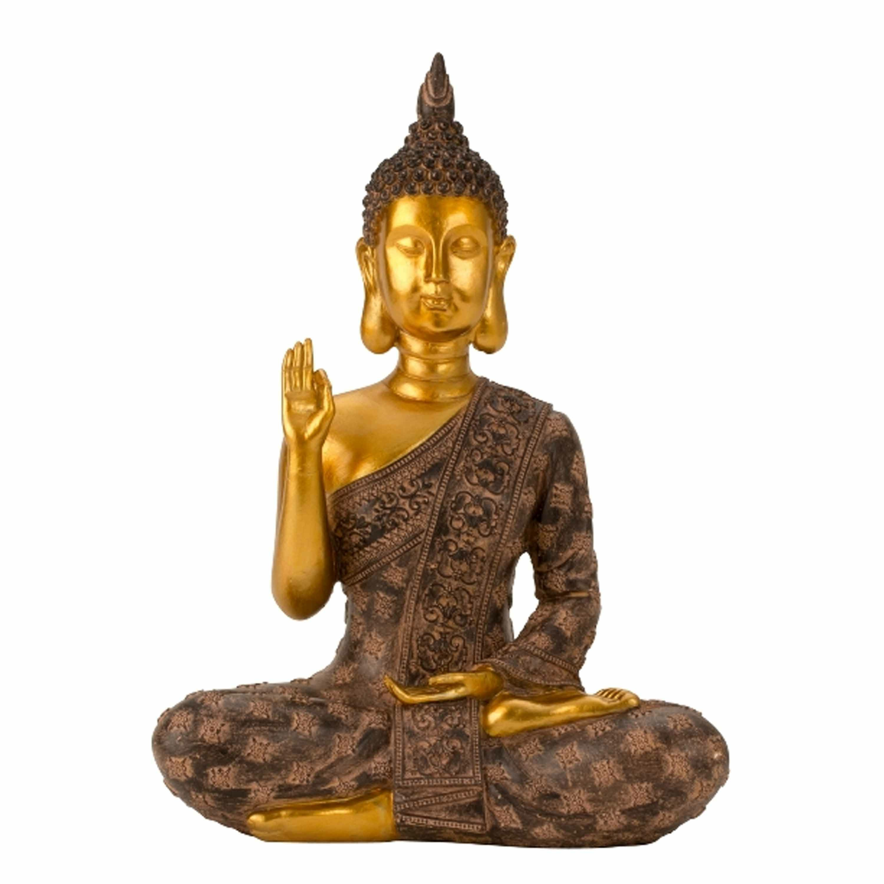 Merkloos Boeddha beeldje zittend - binnen/buiten - kunststeen - zwart/goud - 20 x 28 cm -