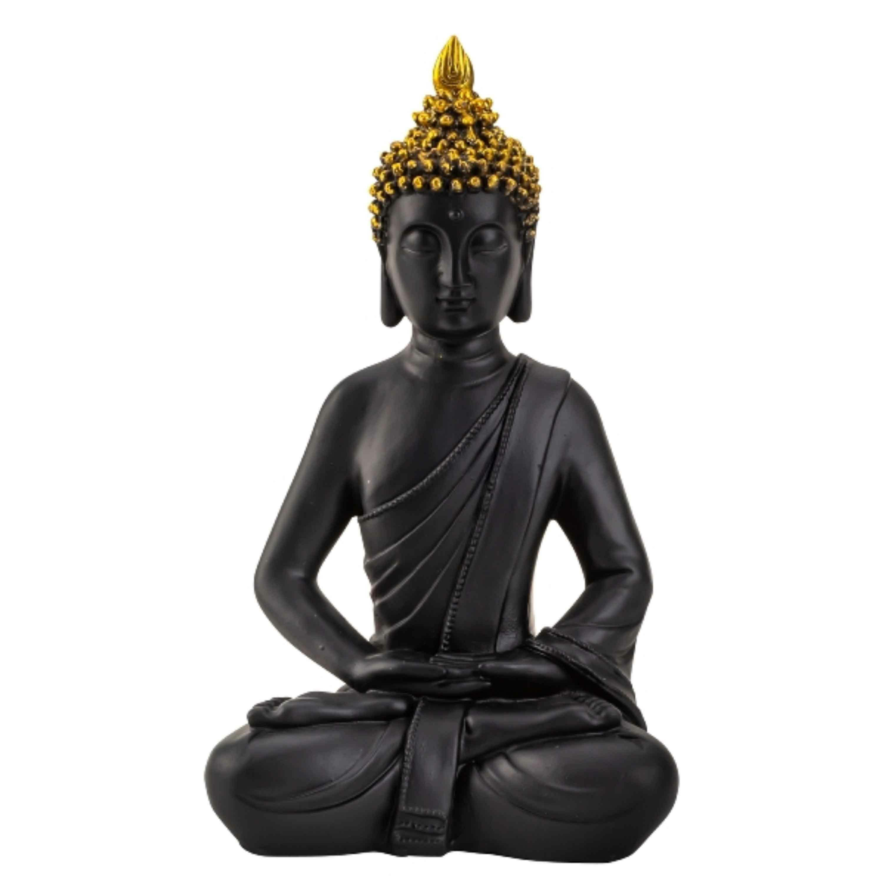 Merkloos Boeddha beeldje zittend - binnen/buiten - kunststeen - zwart/goud - 30 x 17 cm -