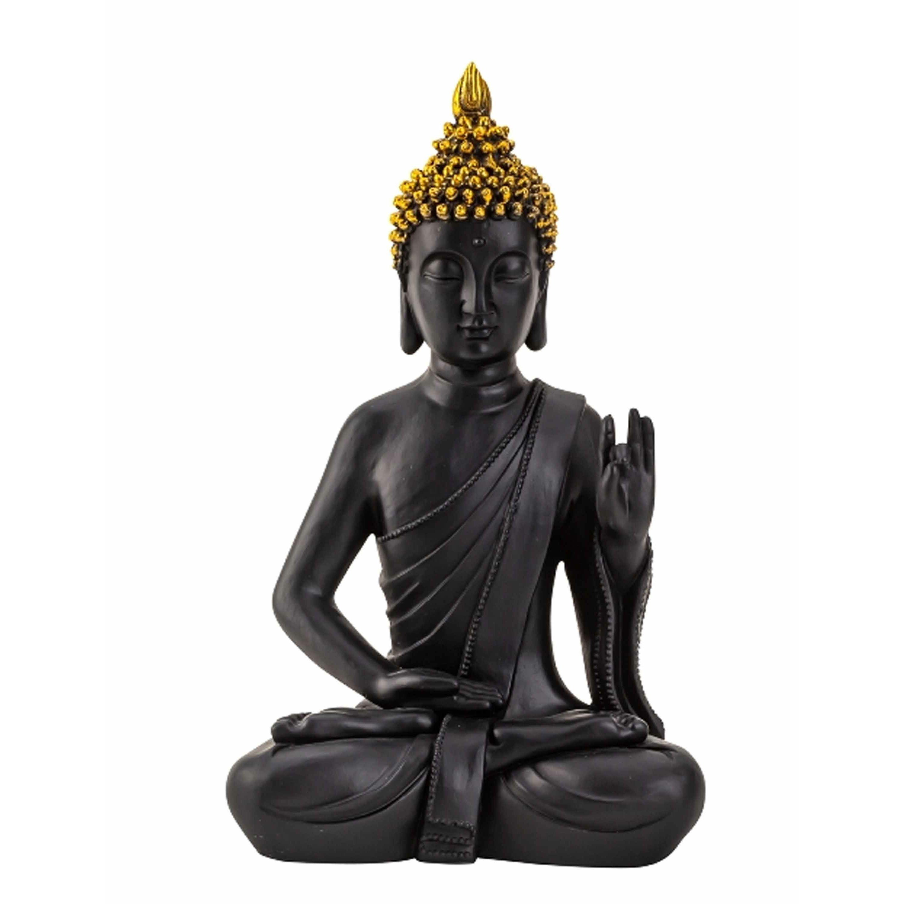 Boeddha beeldje zittend - binnen/buiten - kunststeen - zwart/goud - 31 x 18 cm -