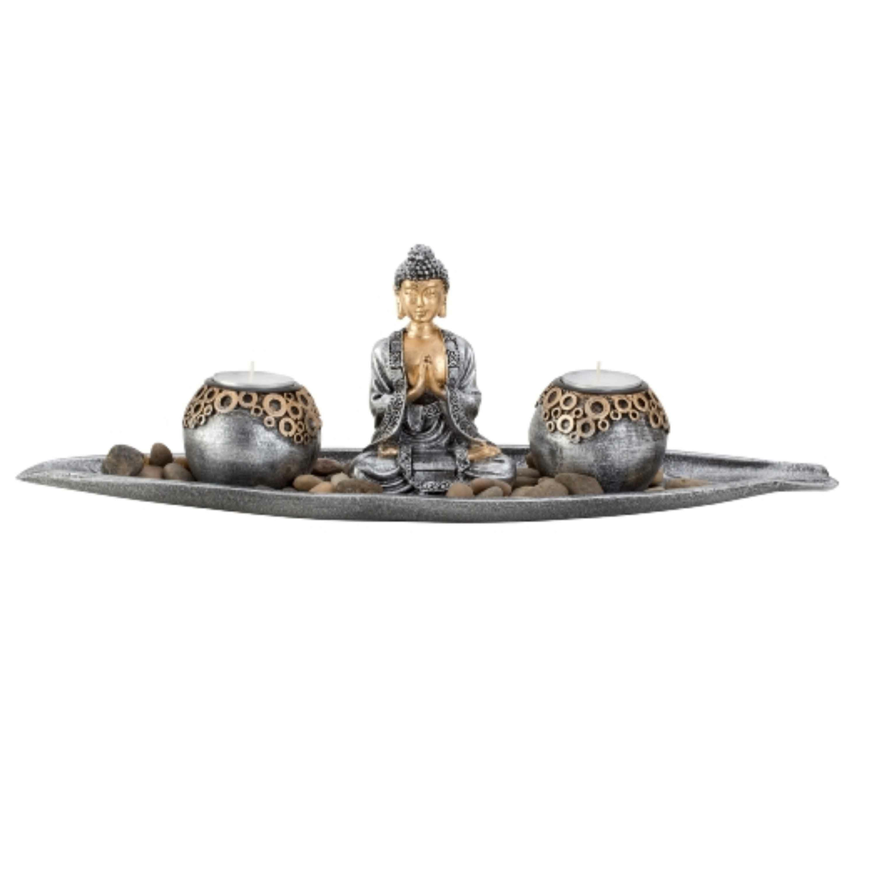 Boeddha decoratie beeldje met 2 kaarshouders op schaal - kunststeen - zilver/bruin - 30 x 11 cm -
