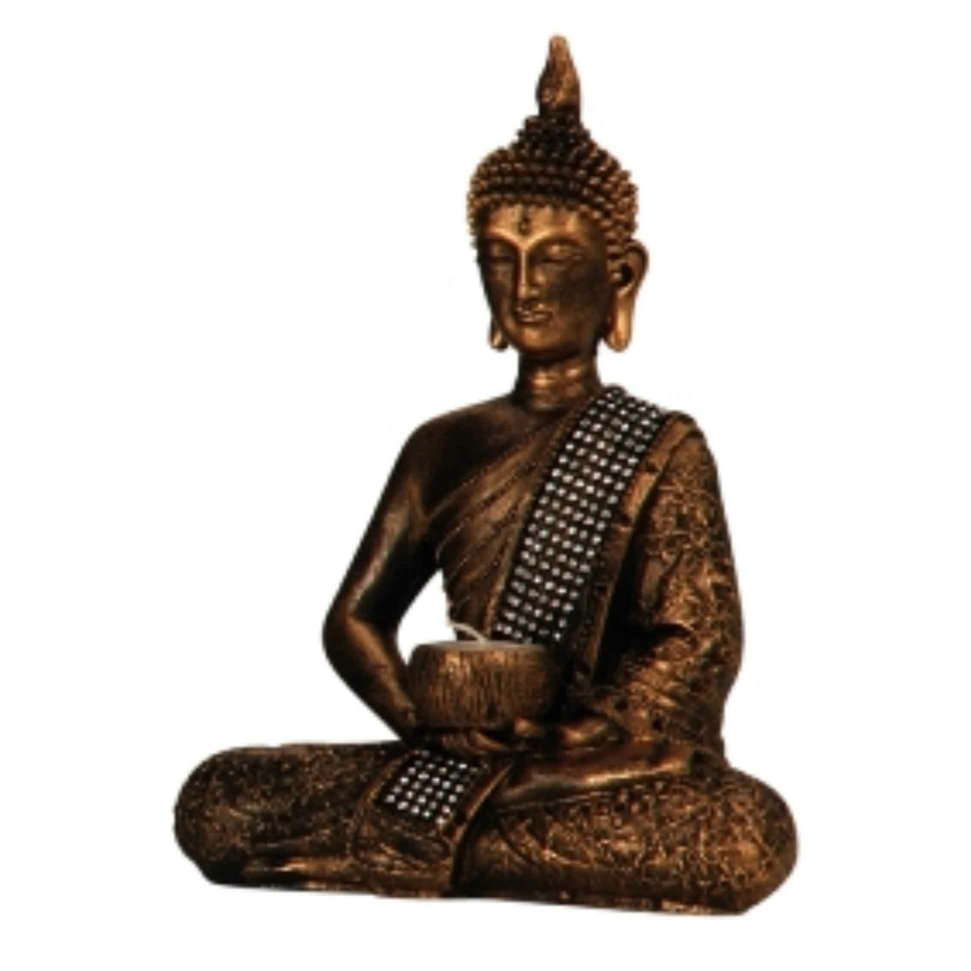Boeddha decoratie beeldje met kaarshouder - kunststeen - goud - 26 x 20 cm -