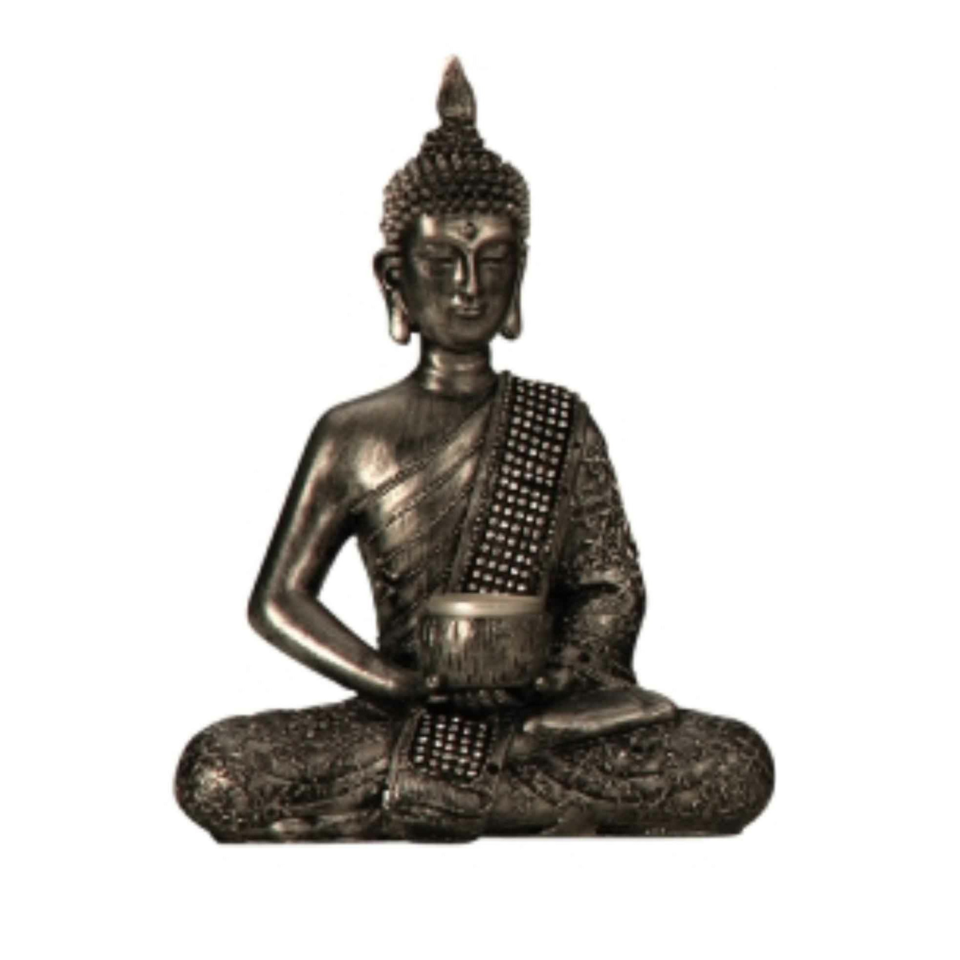 Boeddha decoratie beeldje met kaarshouder - kunststeen - zilver - 26 x 20 cm -