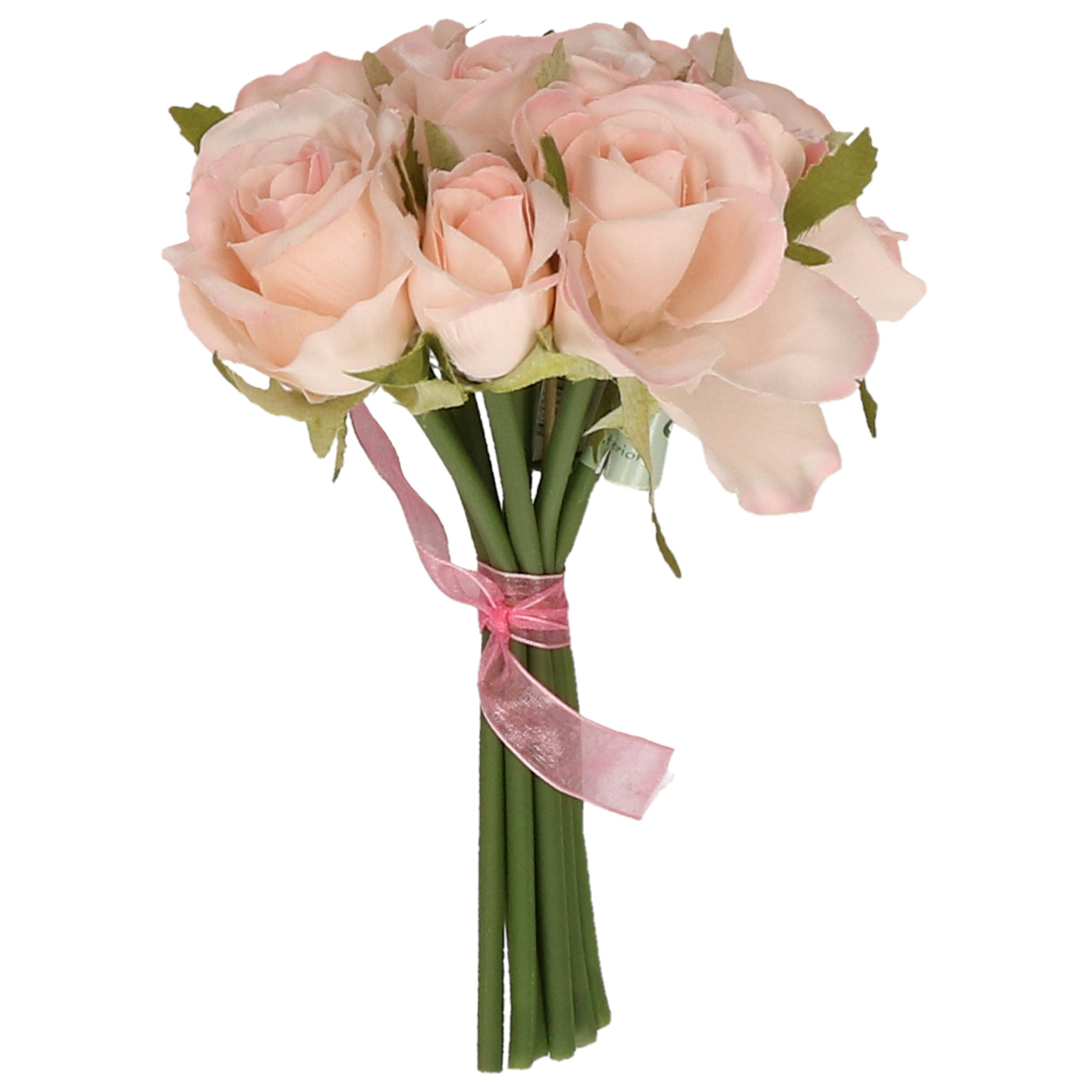 Boeketje kunstbloemen rozen roze 20 cm 9x stuks