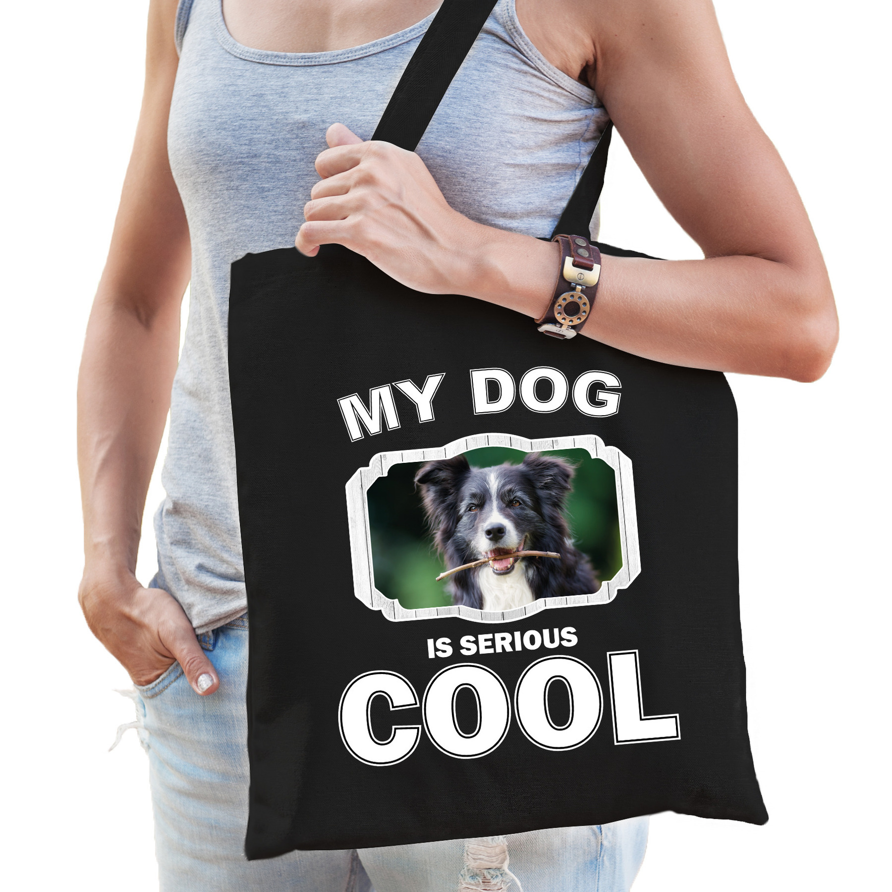 Border collie honden tasje zwart volwassenen en kinderen - my dog serious is cool kado boodschappen -