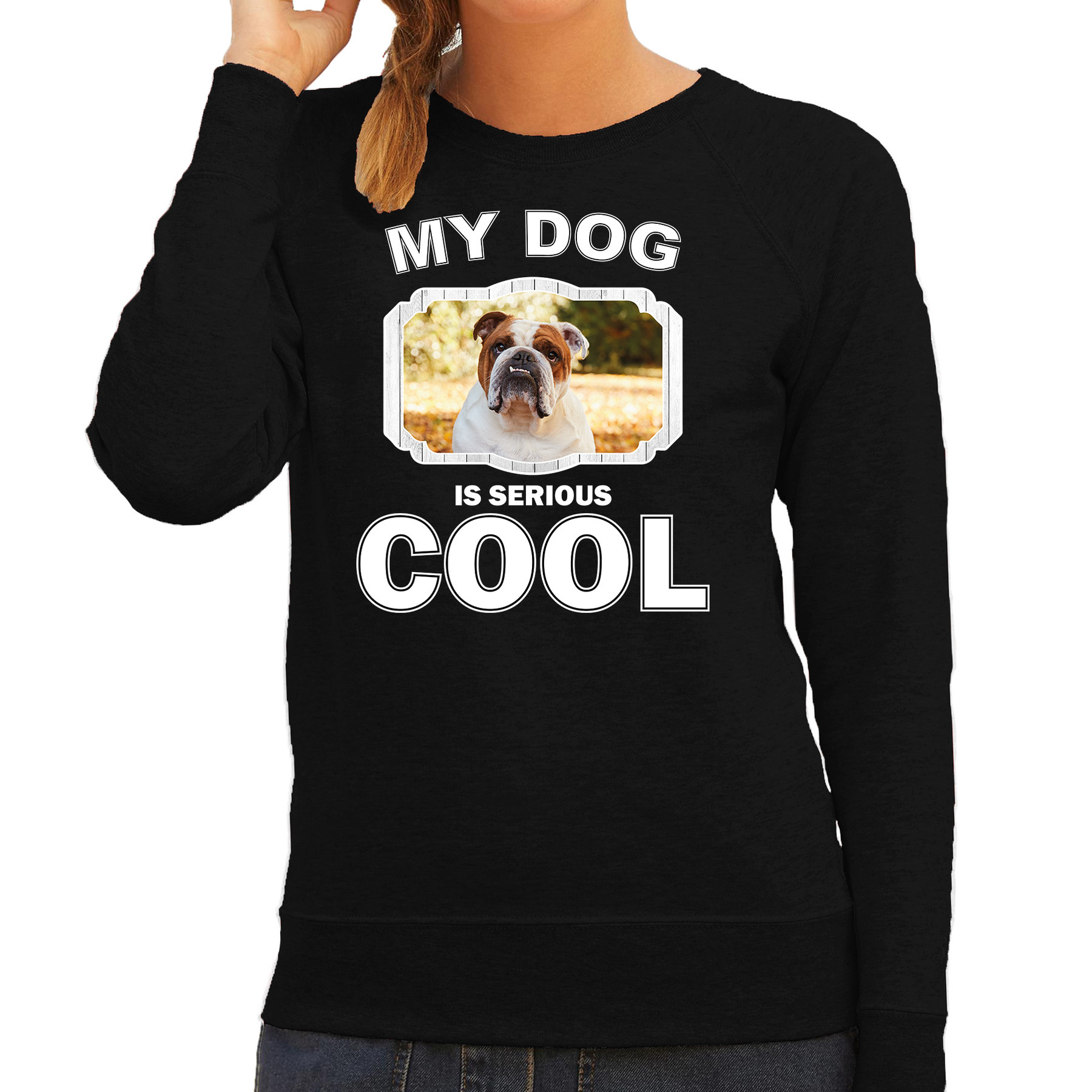 Britse bulldog honden sweater-trui my dog is serious cool zwart voor dames