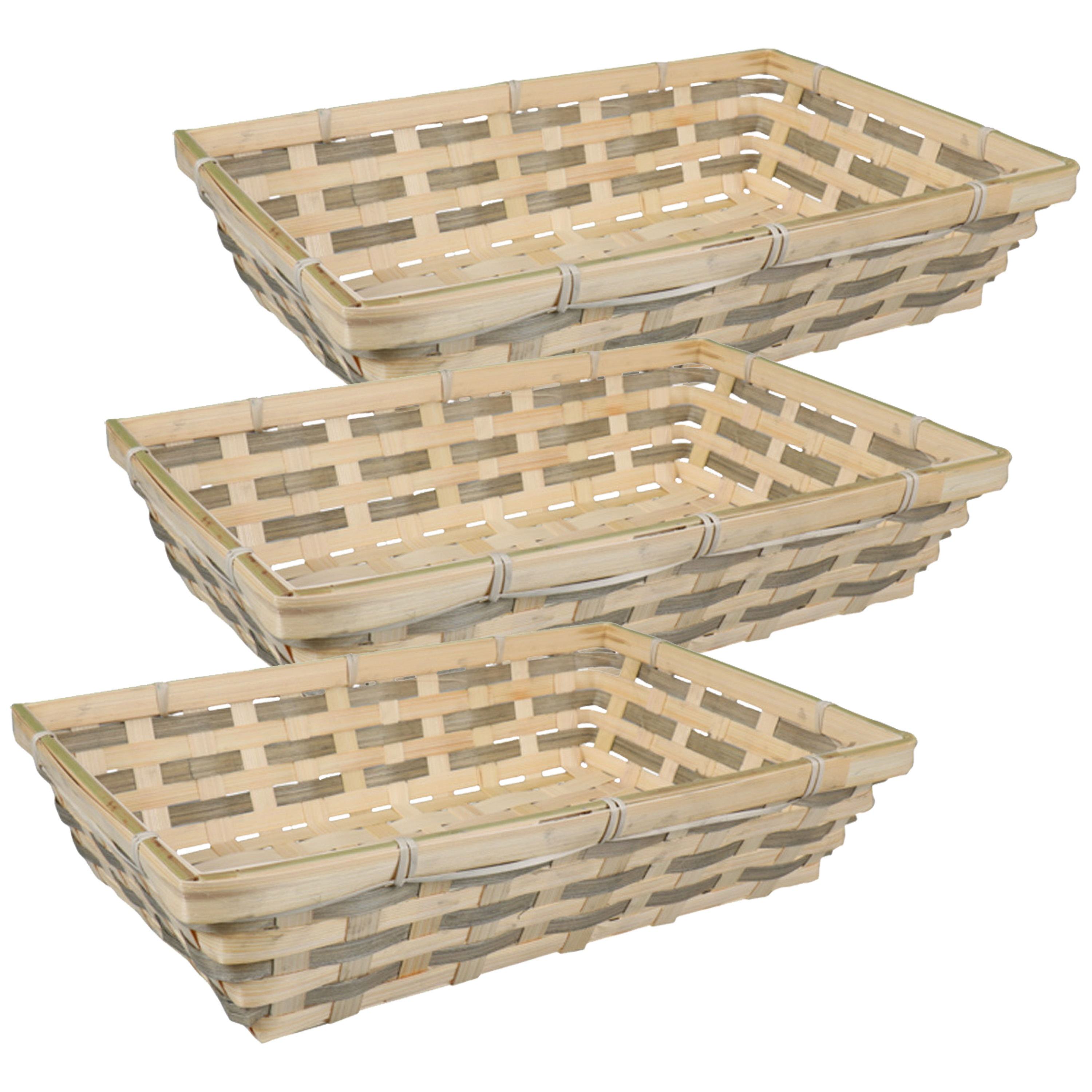 Broodmand rechthoekig - 3x - gevlochten bamboe hout - 34 x 24 x 8 cm - naturel/grijs