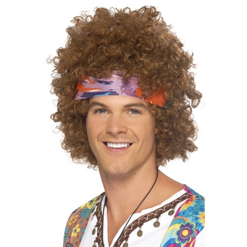 Bruine hippie pruik met haarband voor heren