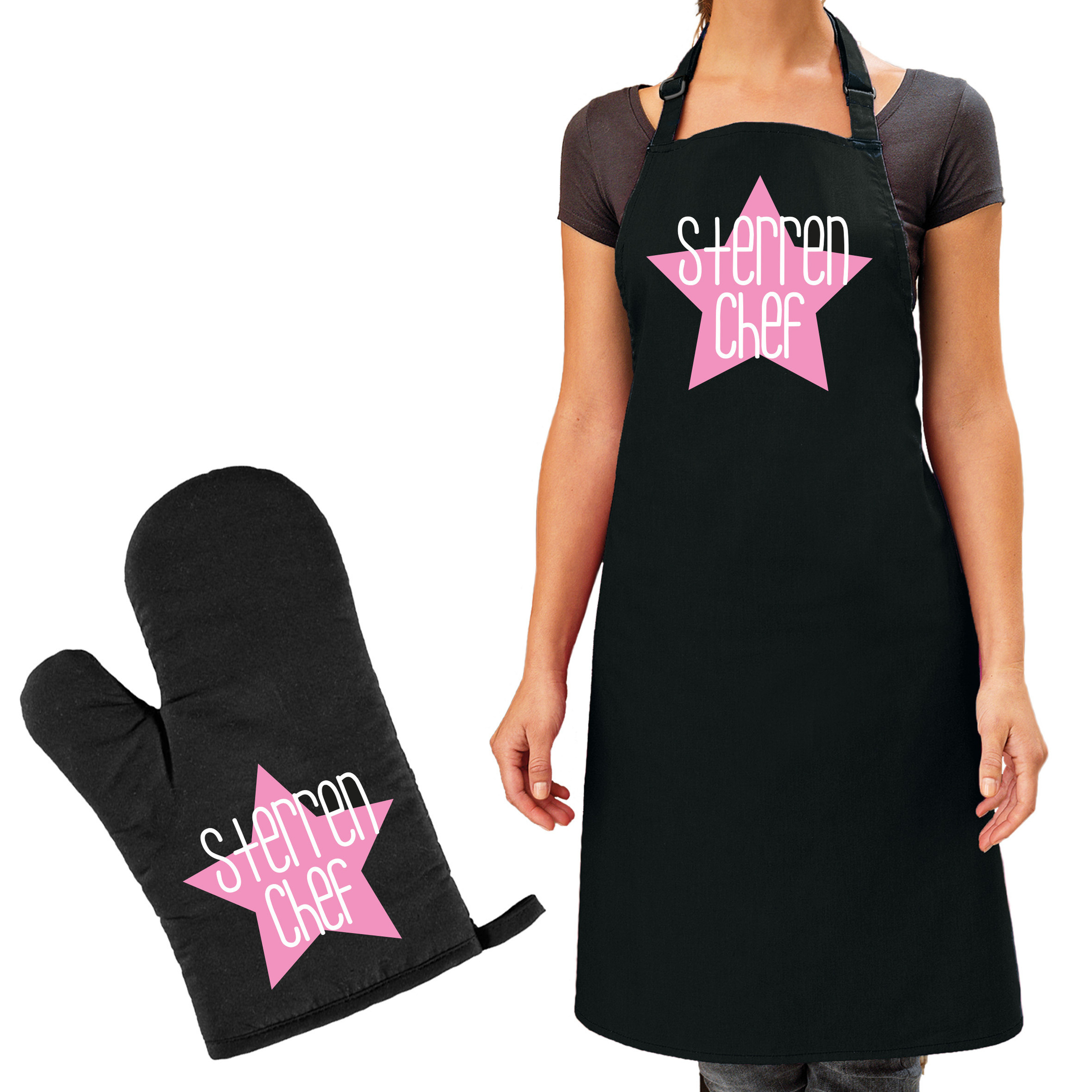 Cadeau schort en ovenwant voor dames sterren chef roze verjaardag keukenprinses