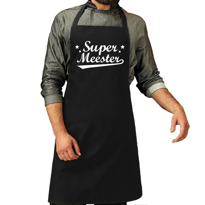 Cadeau schort voor heren - Super meester - zwart - keukenschort - barbecue - dag van de leraar -