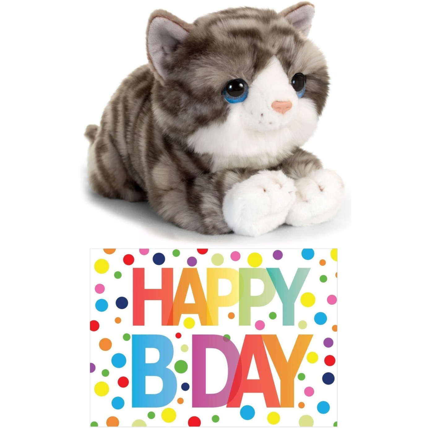 Cadeau setje pluche grijze kat-poes knuffel 32 cm met Happy Birthday wenskaart