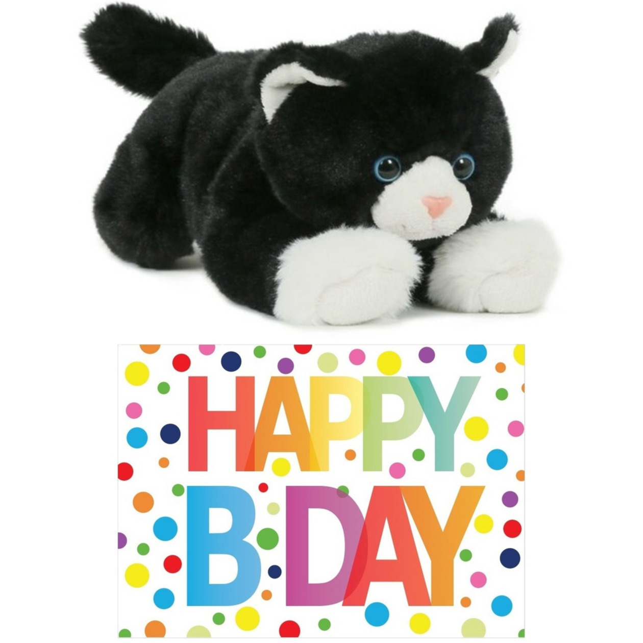 Cadeau setje pluche zwart-witte kat-poes knuffel 25 cm met Happy Birthday wenskaart