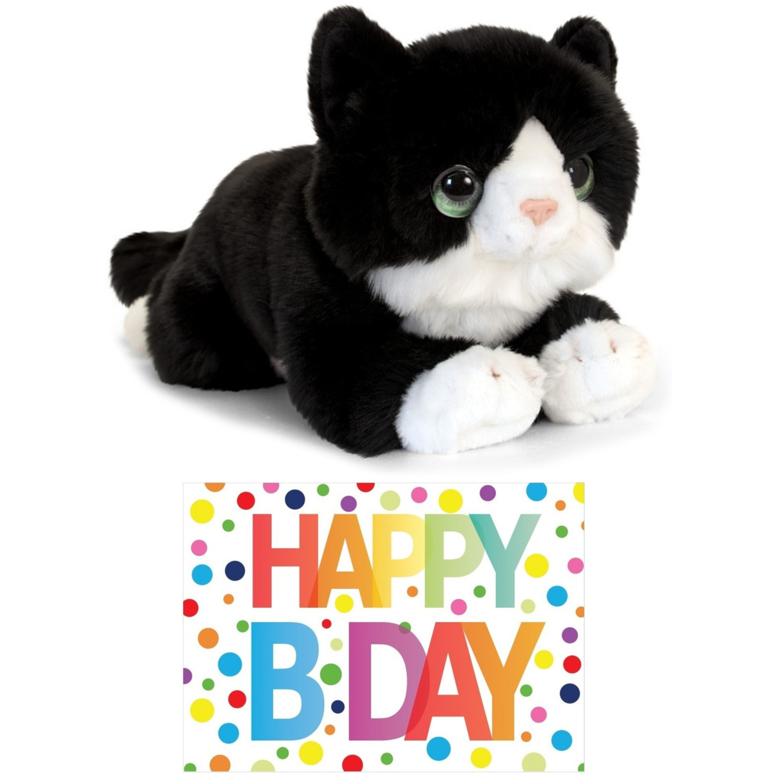 Cadeau setje pluche zwart-witte kat-poes knuffel 32 cm met Happy Birthday wenskaart