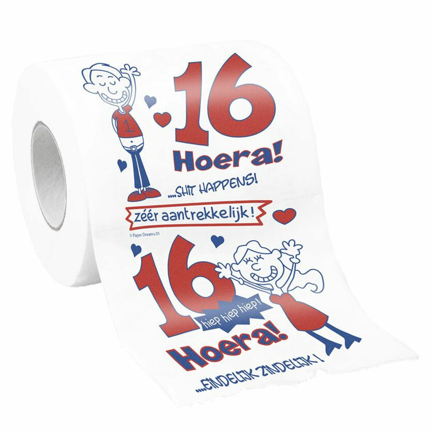 Cadeau toiletpapier rol 16 jaar verjaardag versiering-decoratie
