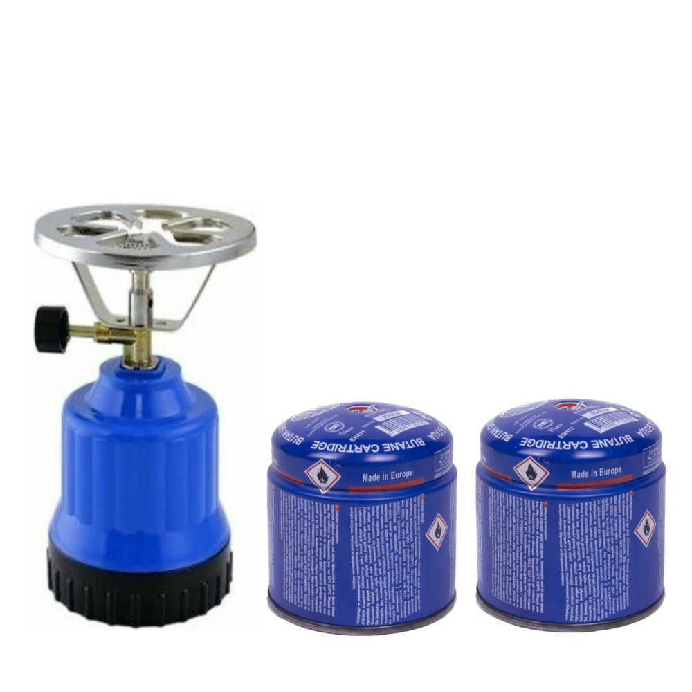 Trendoz Camping kookstel - kunststof - blauw - incl. 2x gas navulling priktank - 190 gram
