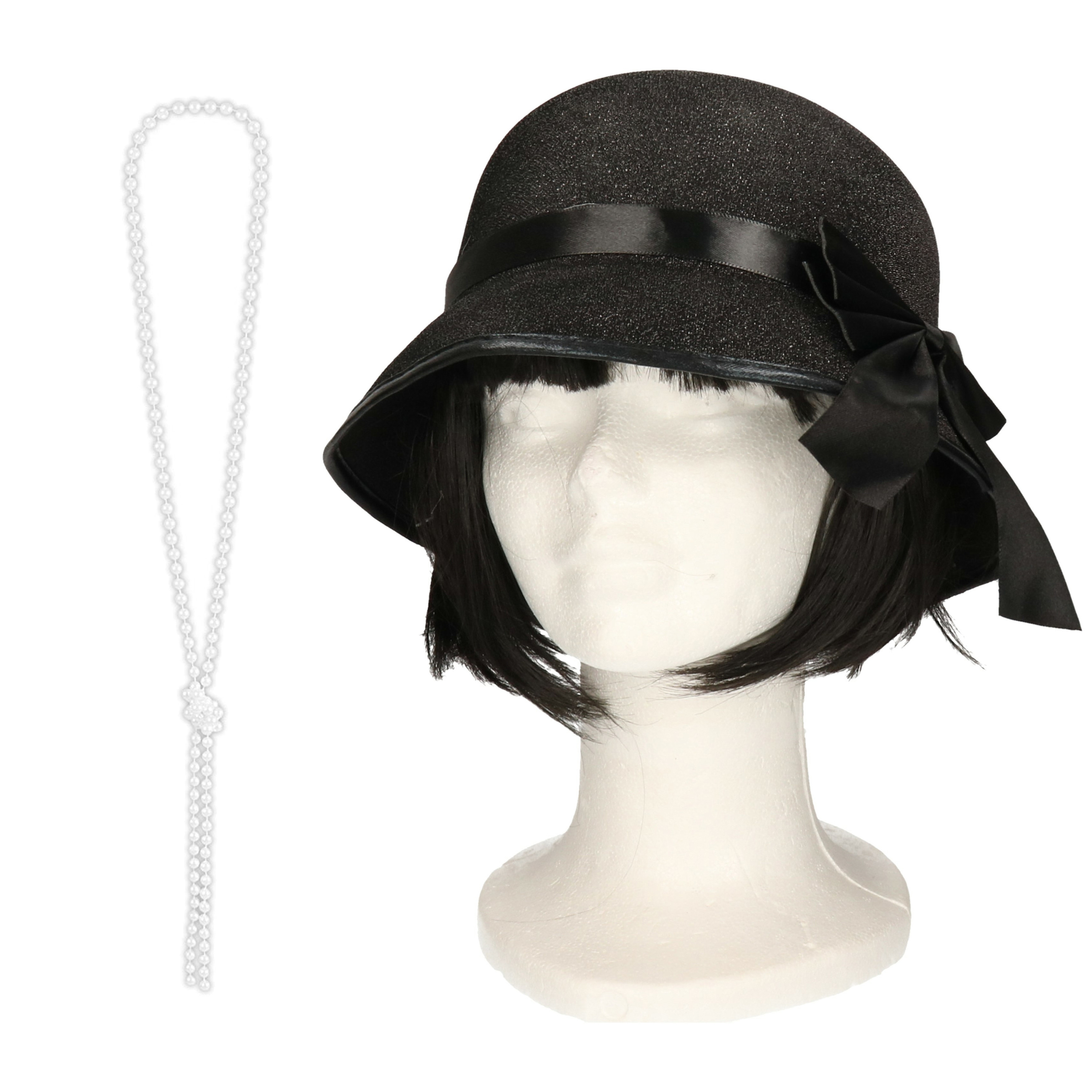 Carnaval verkleed accessoire set dames hoedje en parelketting charleston-jaren 20 stijl