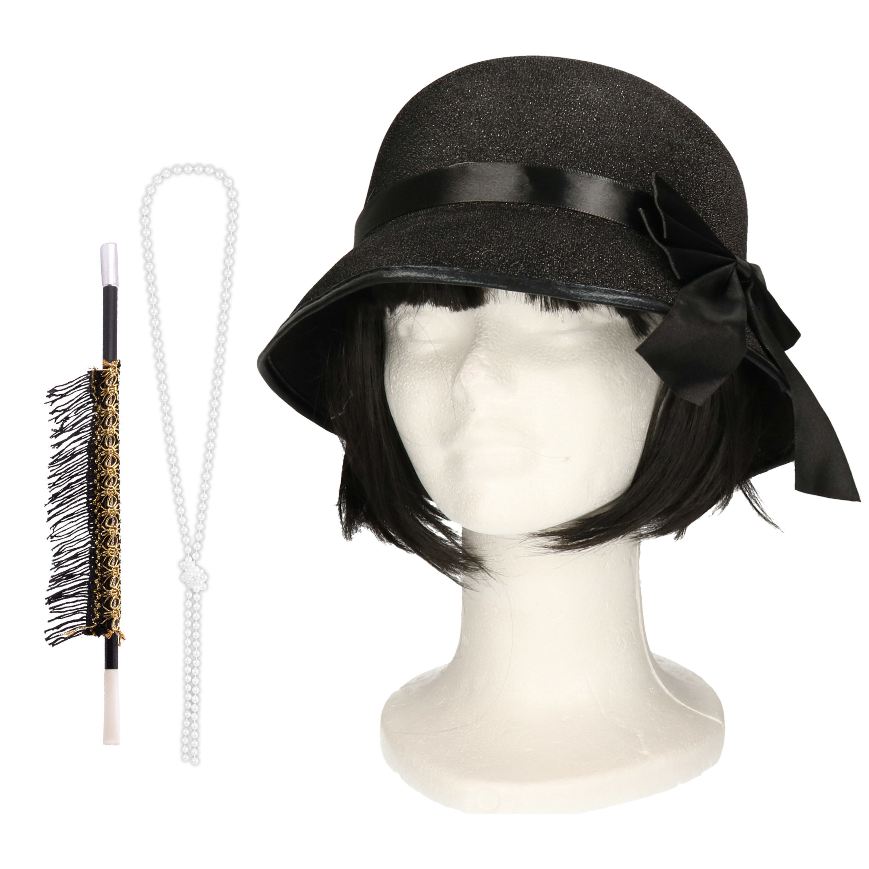 Carnaval verkleed accessoire set sigarettenhouder-parelketting-hoed charleston-jaren 20 stijl